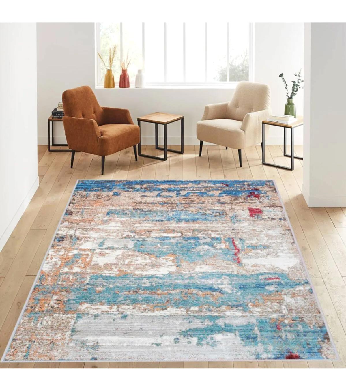 Rovigo Home RVG1173 Çok Renkli 8 mm Polyester Leke Tutmaz-Toz Tutmaz Yıkanabilir İnce Kaymaz Dot Taban Dikdörtgen Makine Dokuma Salon Halısı 100x200 cm