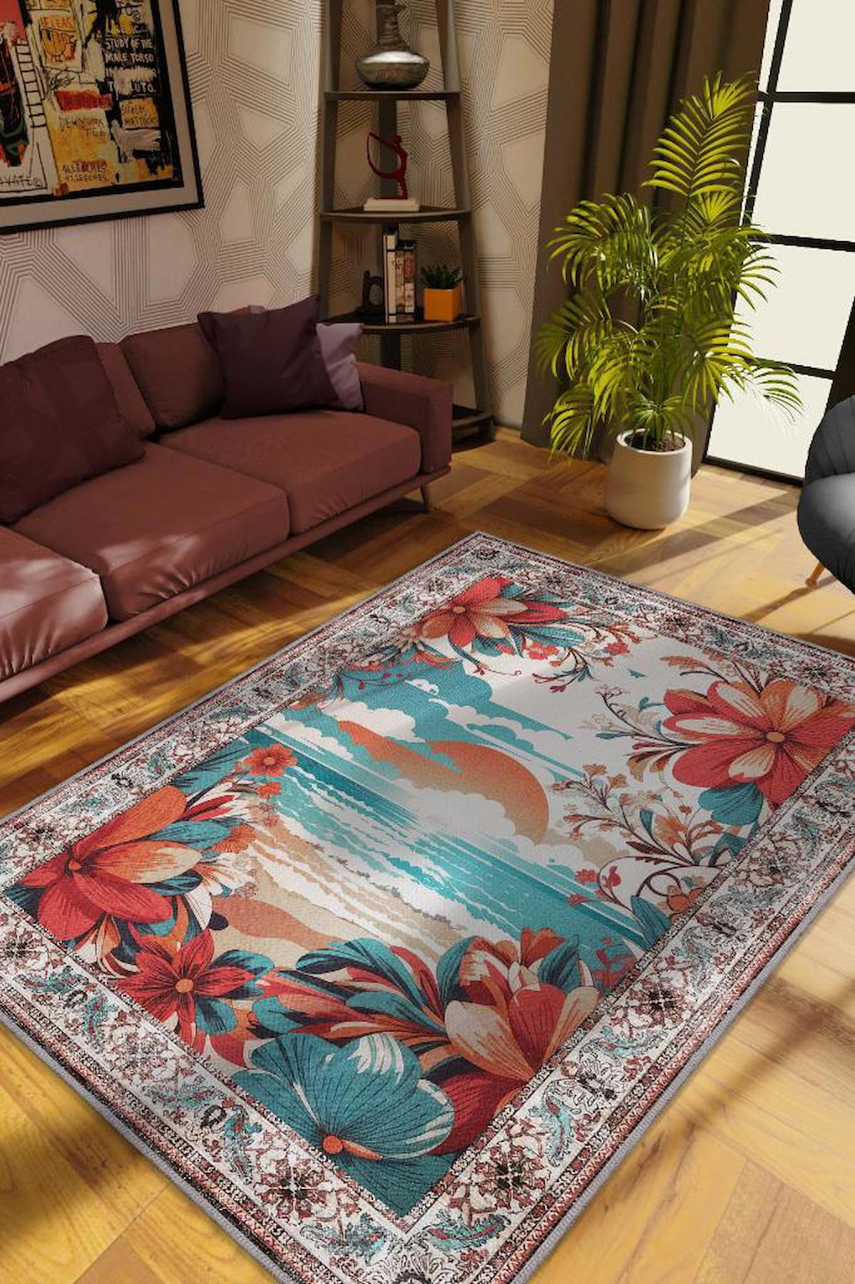 Homshtag Günbatımı Krem 4 mm Pamuk Antistatik Yıkanabilir İnce Kaymaz Dikdörtgen Makine Dokuma Salon Halısı 200x290 cm