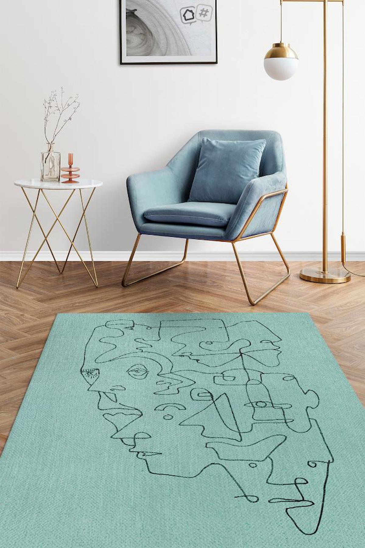 Homshtag Turkuaz 4 mm Pamuk Antistatik Yıkanabilir İnce Kaymaz Dikdörtgen Makine Dokuma Salon Halısı 120x200 cm