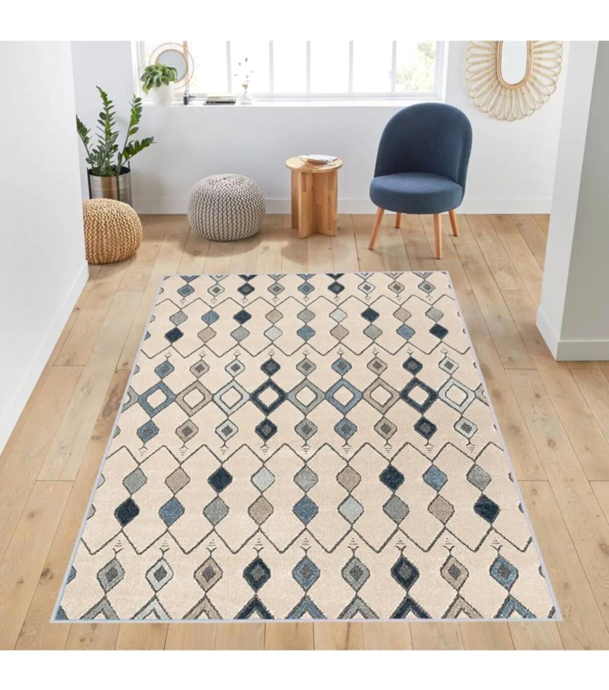 Rovigo Home RVG1015 Krem 8 mm Polyester Leke Tutmaz-Toz Tutmaz Yıkanabilir İnce Kaymaz Dot Taban Dikdörtgen Makine Dokuma Salon Halısı 100x200 cm