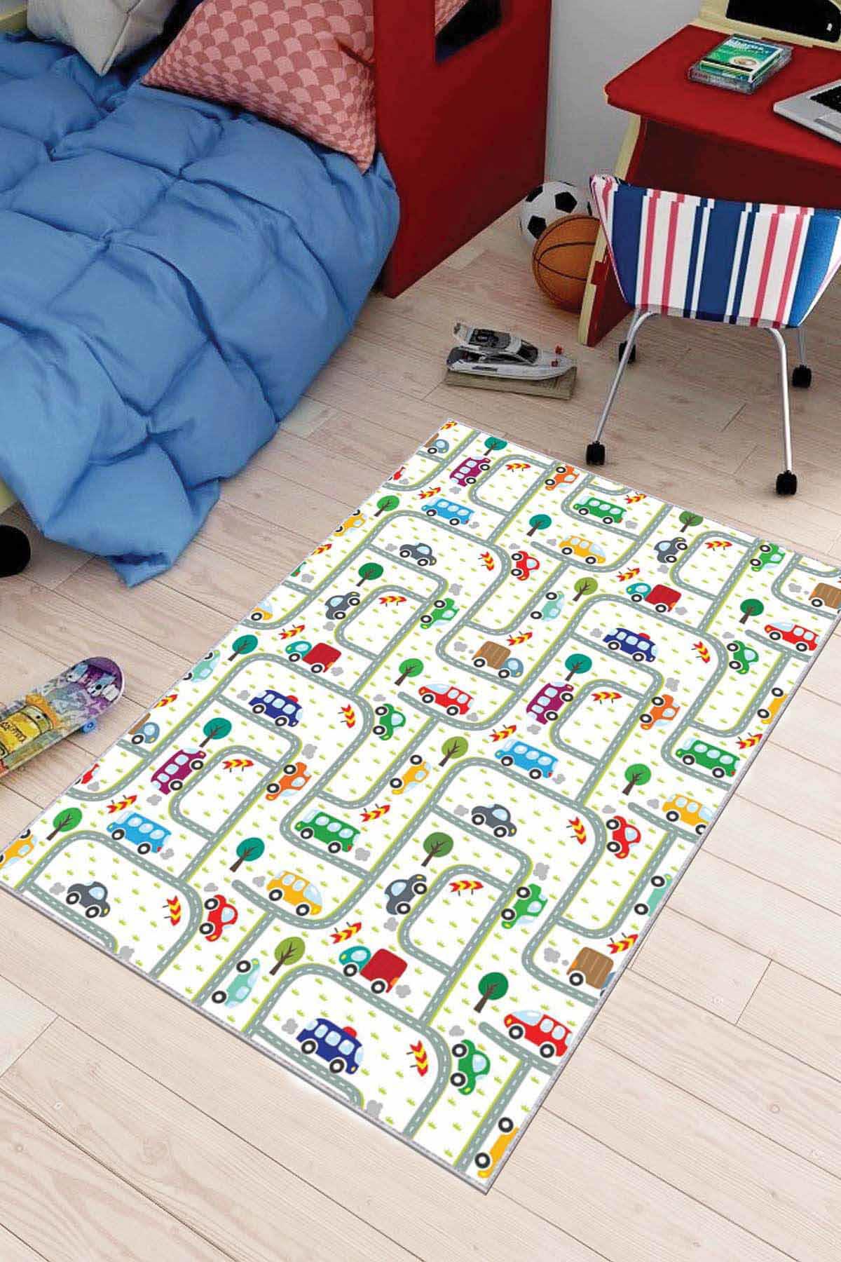 Viva Home AR022 Yeşil 7 mm Mikropolyester Toz Tutmaz Yıkanabilir İnce Kaymaz Taban Dikdörtgen Makine Dokuma Çocuk Odası Halısı 40x60 cm
