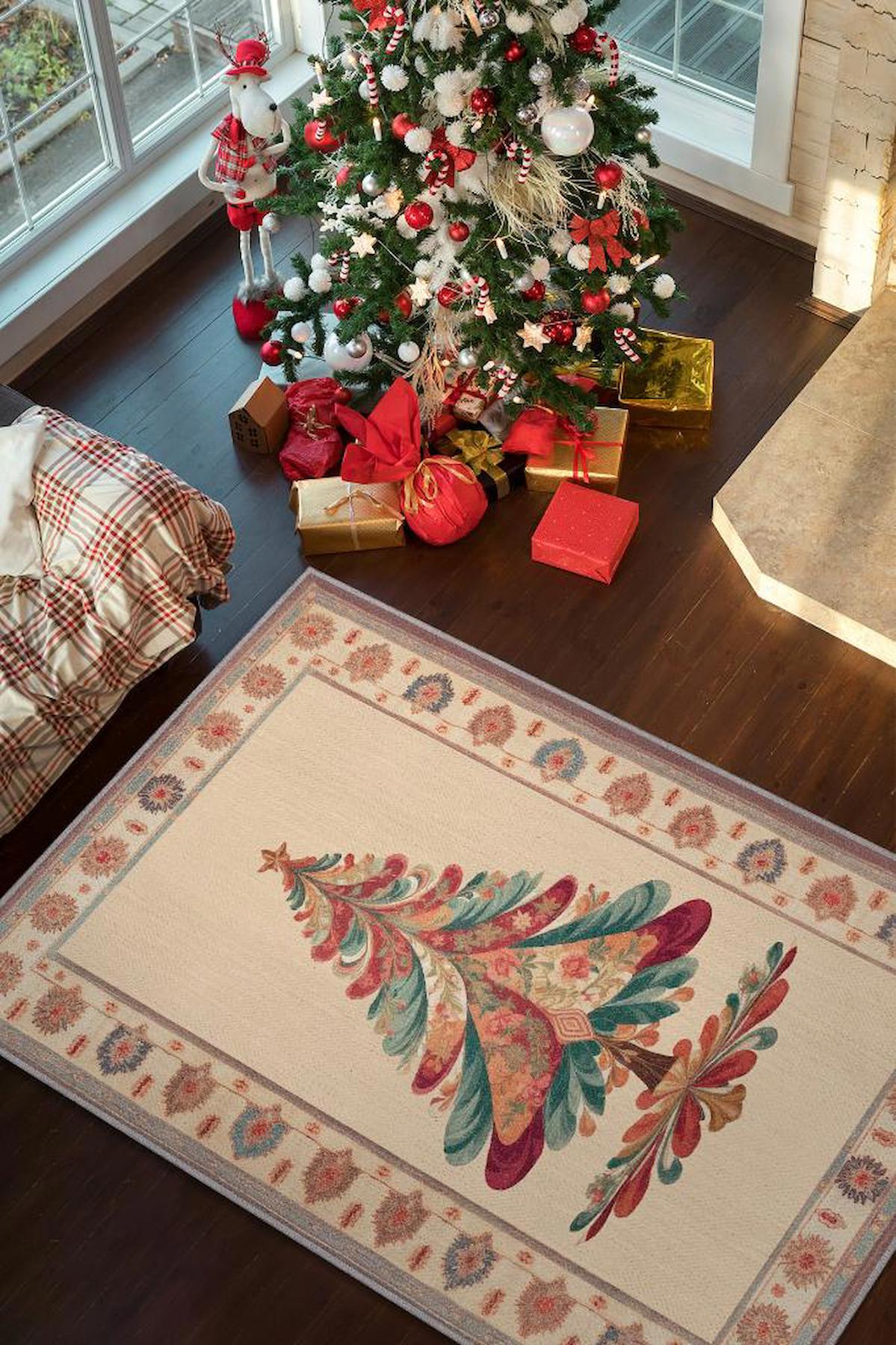 Homshtag Yeni Yıl Krem 4 mm Pamuk Antistatik Yıkanabilir İnce Kaymaz Dikdörtgen Makine Dokuma Salon Halısı 180x280 cm