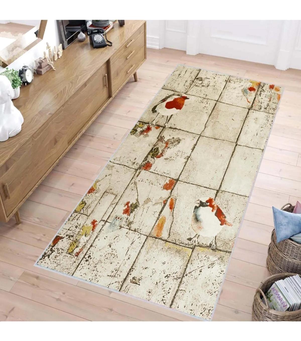 Rovigo Home RVG1417 Krem 8 mm Polyester Leke Tutmaz-Toz Tutmaz Yıkanabilir İnce Kaymaz Dot Taban Dikdörtgen Makine Dokuma Salon Halısı 80x180 cm