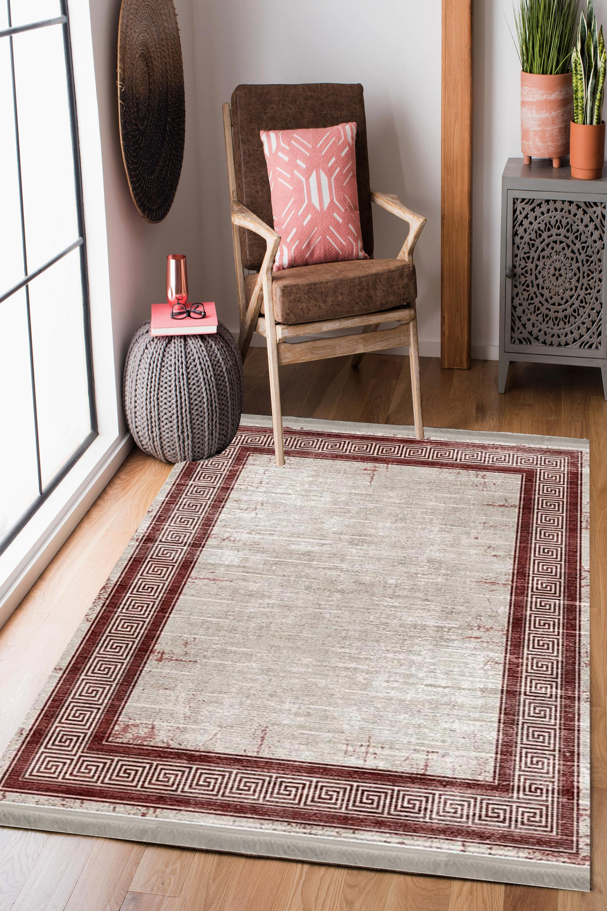 Homier Collection H-KS-3091A Beyaz - Kırmızı 7 mm Pamuk Antibakteriyel Yıkanabilir Orta Kaymaz Dot Taban Dikdörtgen Makine Dokuma Salon Halısı 80x100 cm