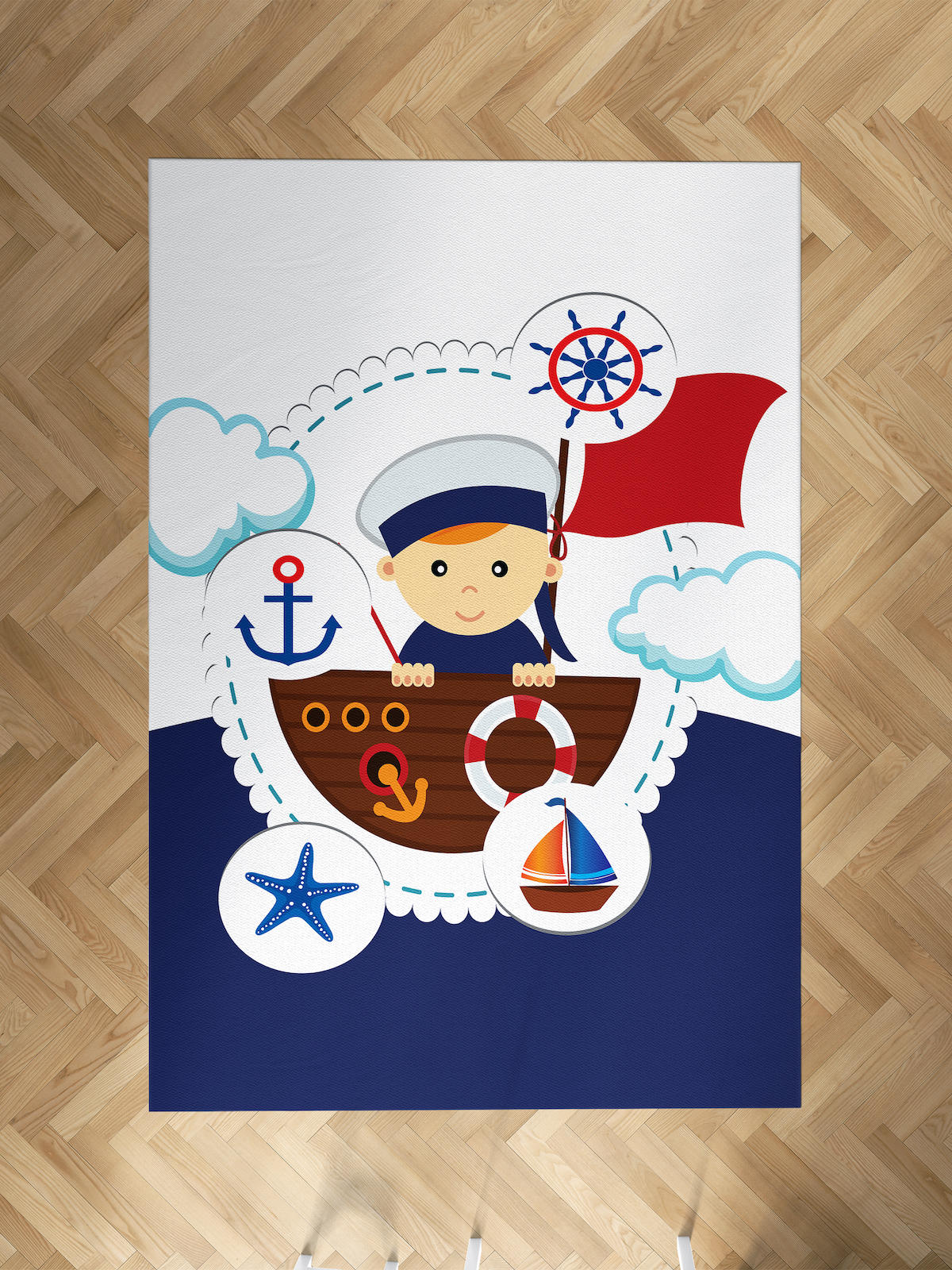 Mekta Home Denizci Krem 10 mm Antibakteriyel Yıkanabilir İnce Kaymaz Dot Taban Dikdörtgen Makine Dokuma Çocuk Odası Halısı 60x550 cm