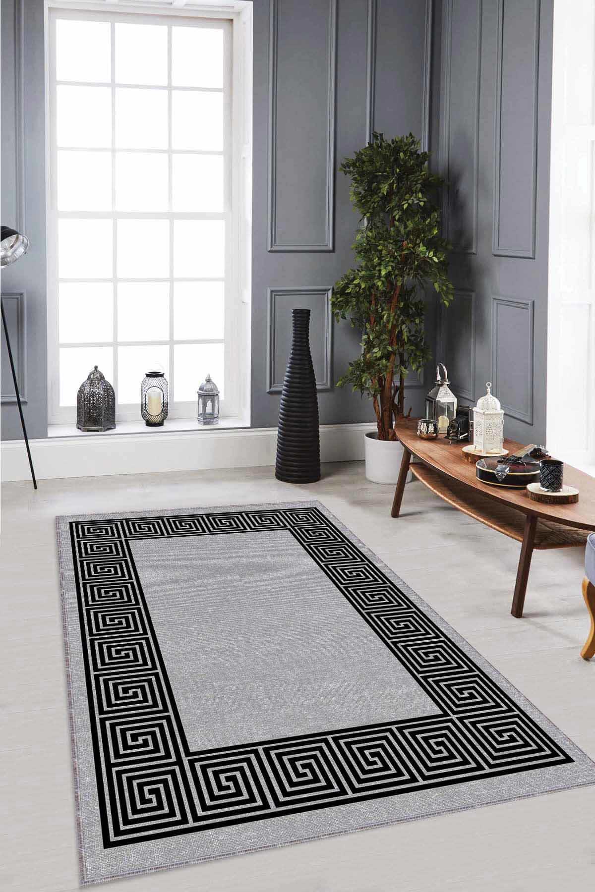 Viva Home RV045 Gri 7 mm Mikropolyester Toz Tutmaz Yıkanabilir İnce Kaymaz Dot Taban Dikdörtgen Makine Dokuma Salon Halısı 200x300 cm