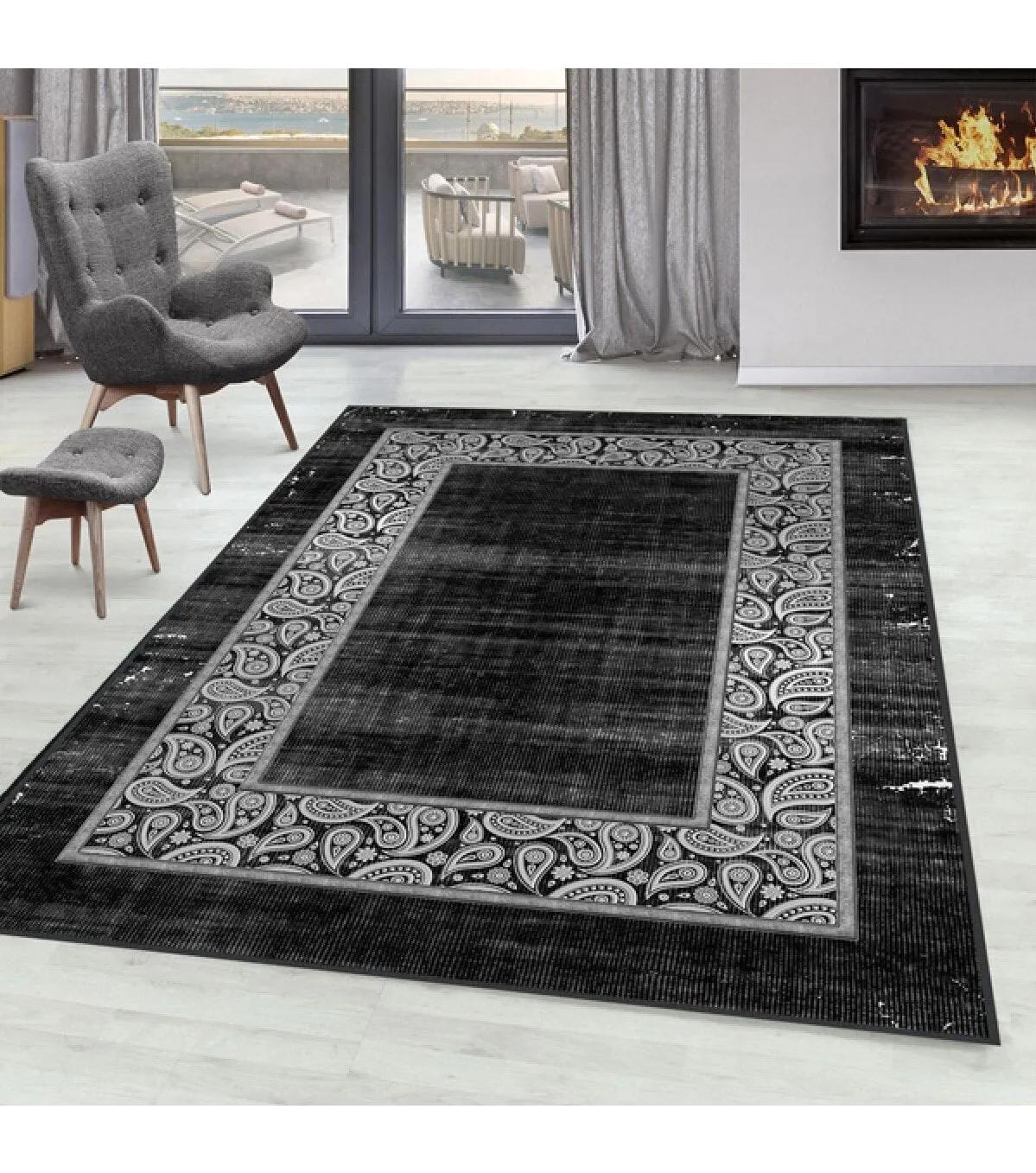 Rovigo Home RVG0102-SD1076 Gri-Siyah 8 mm Polyester Antibakteriyel Yıkanabilir Orta Kaymaz Dot Taban Dikdörtgen Makine Dokuma Salon Halısı 140x200 cm