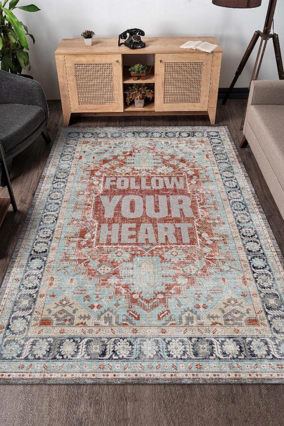 Homshtag Kalbini Dinle Krem 4 mm Pamuk Antistatik Yıkanabilir İnce Kaymaz Dikdörtgen Makine Dokuma Salon Halısı 160x230 cm