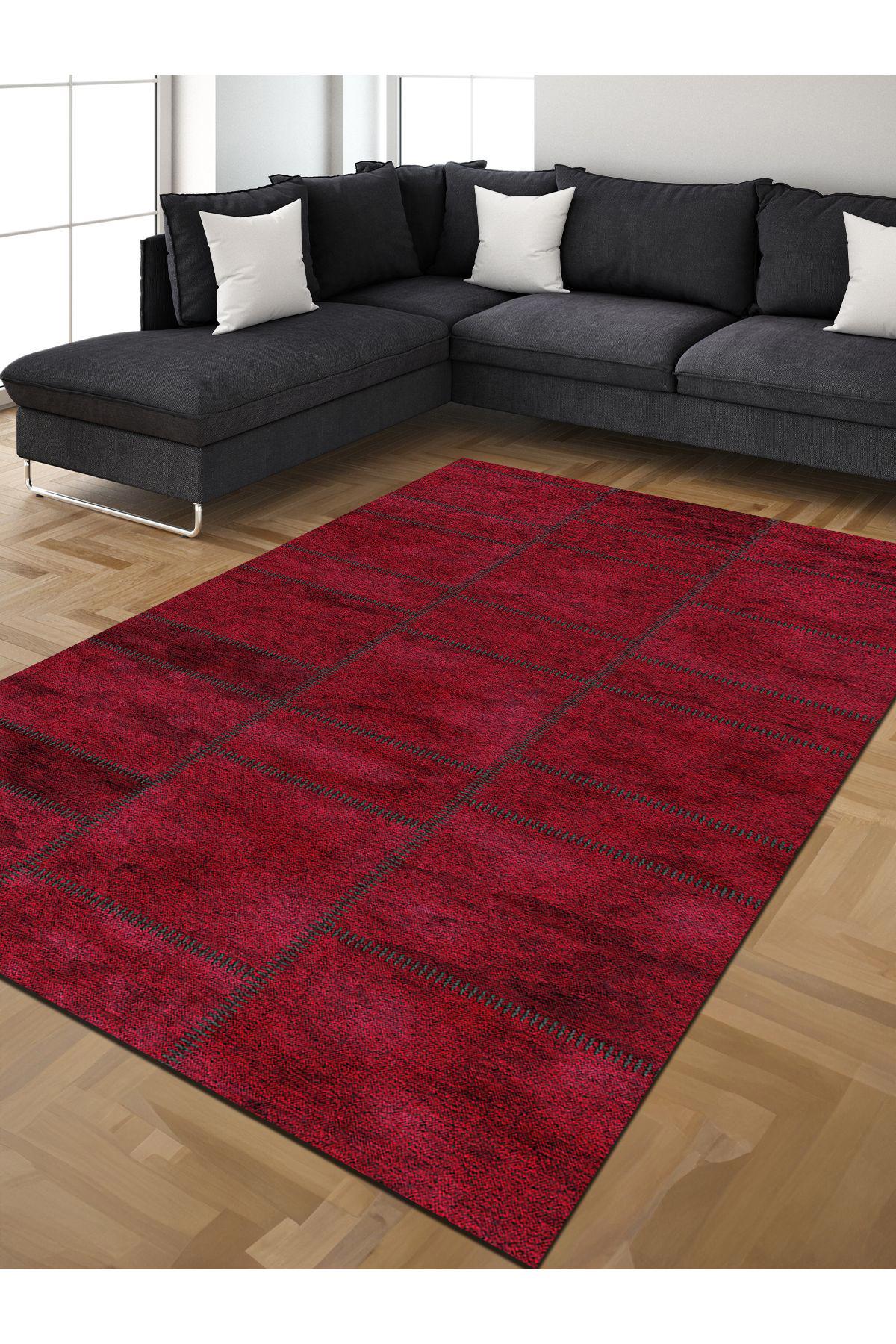 İnspira Kırmızı 12 mm Polyester Antibakteriyel-Leke Tutmaz-Toz Tutmaz Yıkanabilir Orta Kaymaz Dot Taban Dikdörtgen Makine Dokuma Oturma Odası-Salon Halısı 80x300 cm