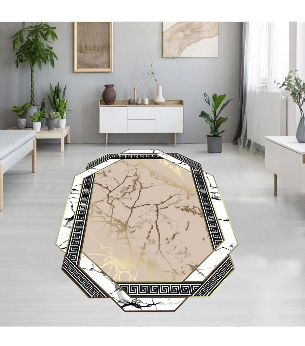 Rovigo Home RVG1910-SD325 Krem 8 mm Polyester Leke Tutmaz-Toz Tutmaz Yıkanabilir İnce Kaymaz Dot Taban Dikdörtgen Makine Dokuma Salon Halısı 160x230 cm
