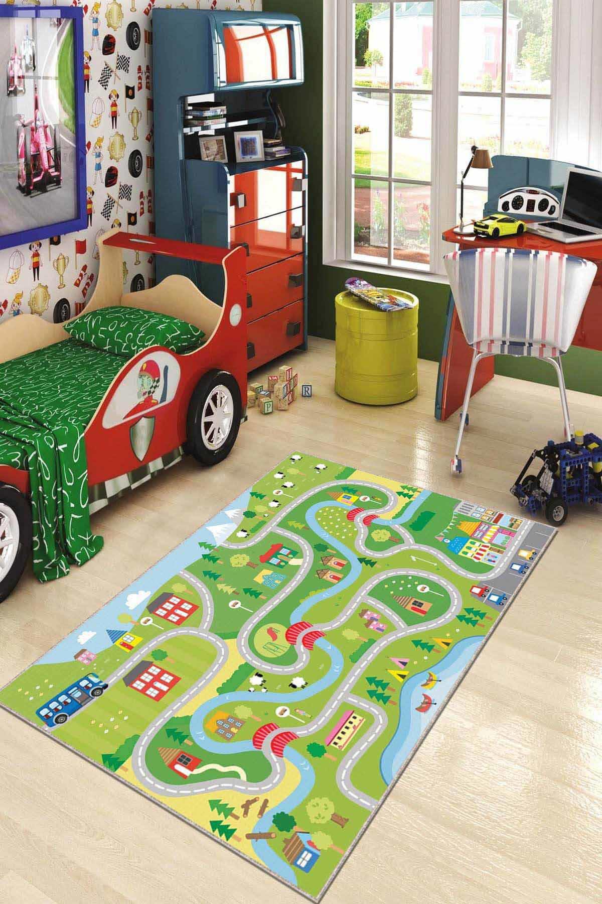 Viva Home AR792 Yeşil 7 mm Mikropolyester Toz Tutmaz Yıkanabilir İnce Kaymaz Taban Geometrik Dikdörtgen Makine Dokuma Çocuk Odası Halısı 180x300 cm