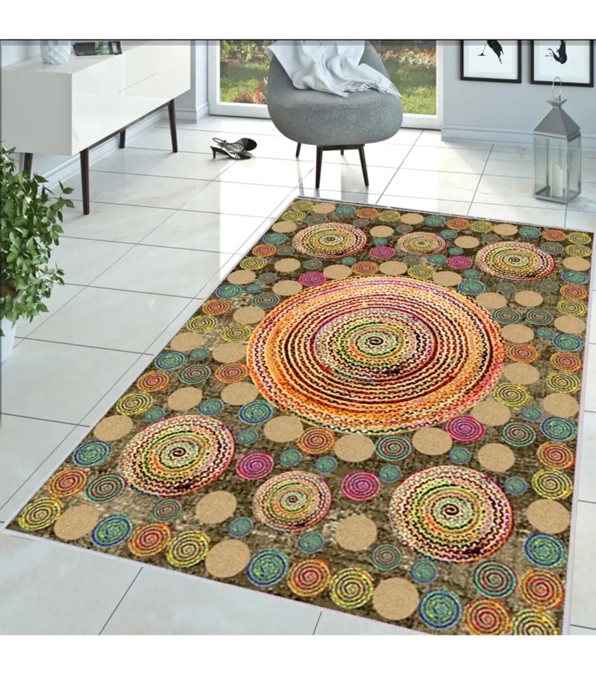 Rovigo Home RVG1380-SD288 Çok Renkli 8 mm Polyester Leke Tutmaz-Toz Tutmaz Yıkanabilir İnce Kaymaz Dot Taban Dikdörtgen Makine Dokuma Salon Halısı 100x200 cm