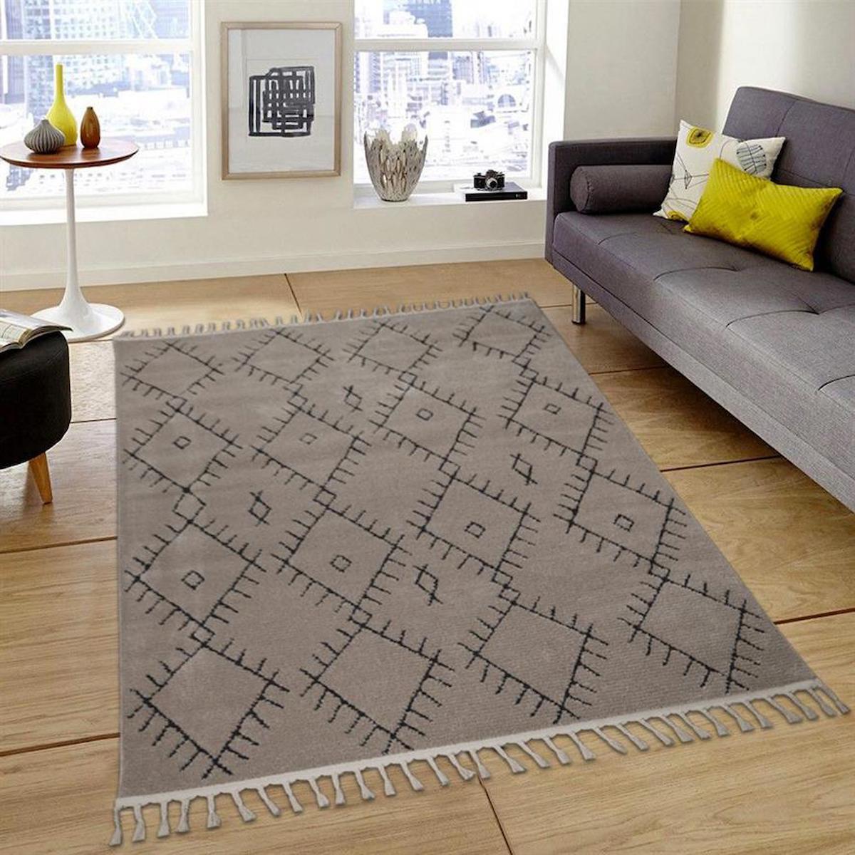 My Evilla Siyah 12 mm Polyester Yıkanabilir İnce Kaymaz Dikdörtgen Makine Dokuma Salon Halısı 100x150 cm