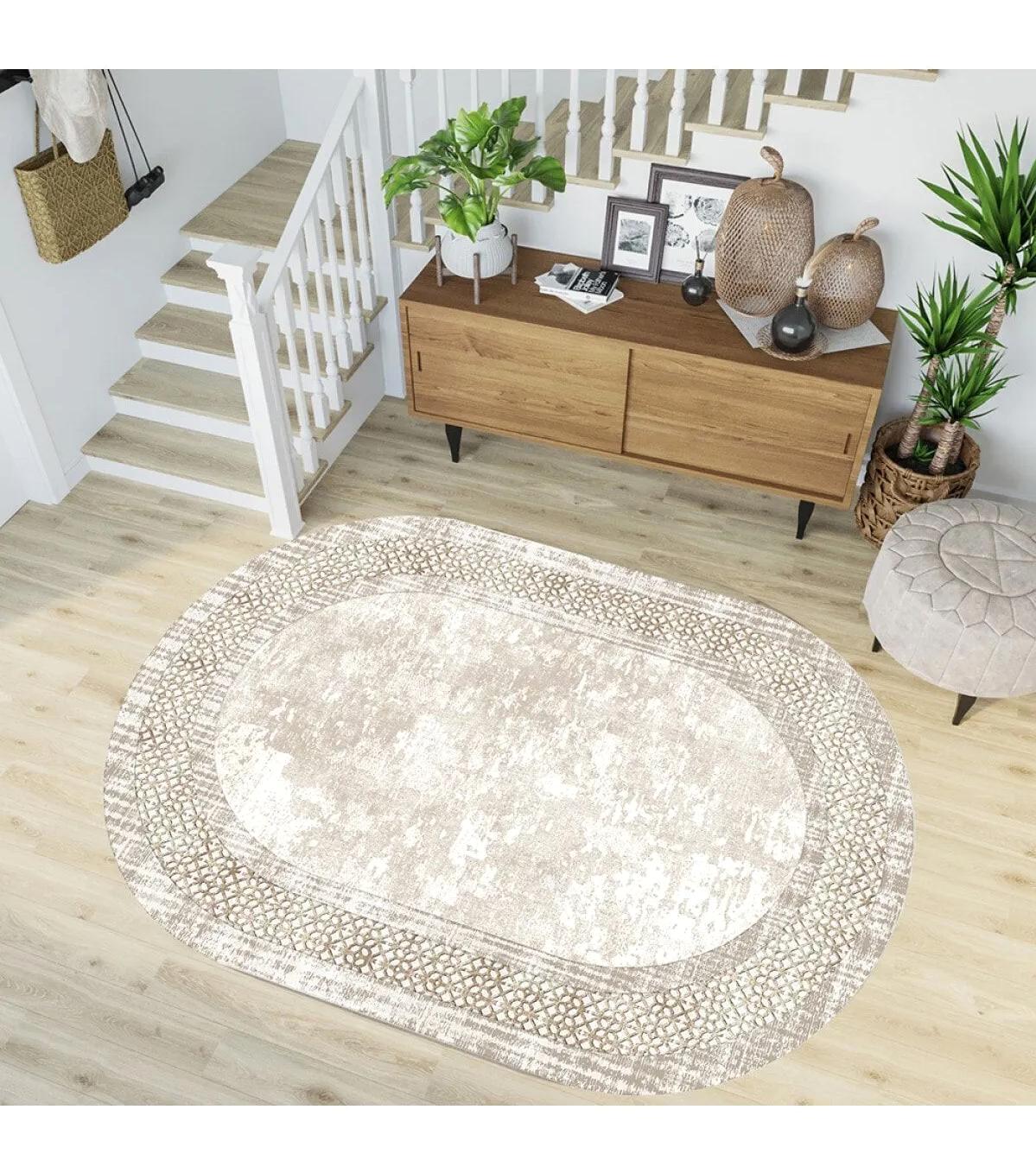 Rovigo Home RVG7204-SD704 Krem 8 mm Polyester Yıkanabilir Orta Kaymaz Dot Taban Dikdörtgen Makine Dokuma Salon Halısı 120x180 cm