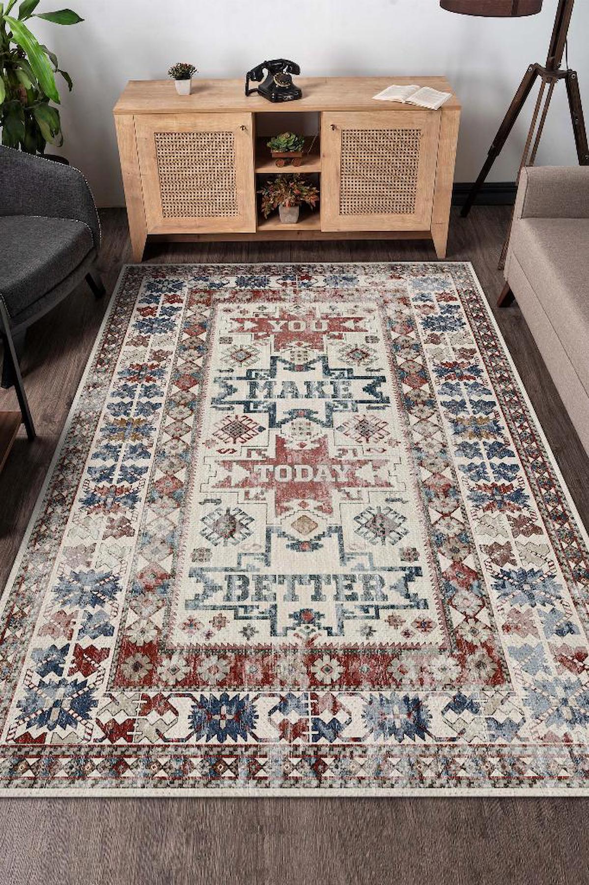 Homshtag Günümü Güzelleştiriyorsun Krem 4 mm Pamuk Antistatik Yıkanabilir İnce Kaymaz Dikdörtgen Makine Dokuma Salon Halısı 120x170 cm