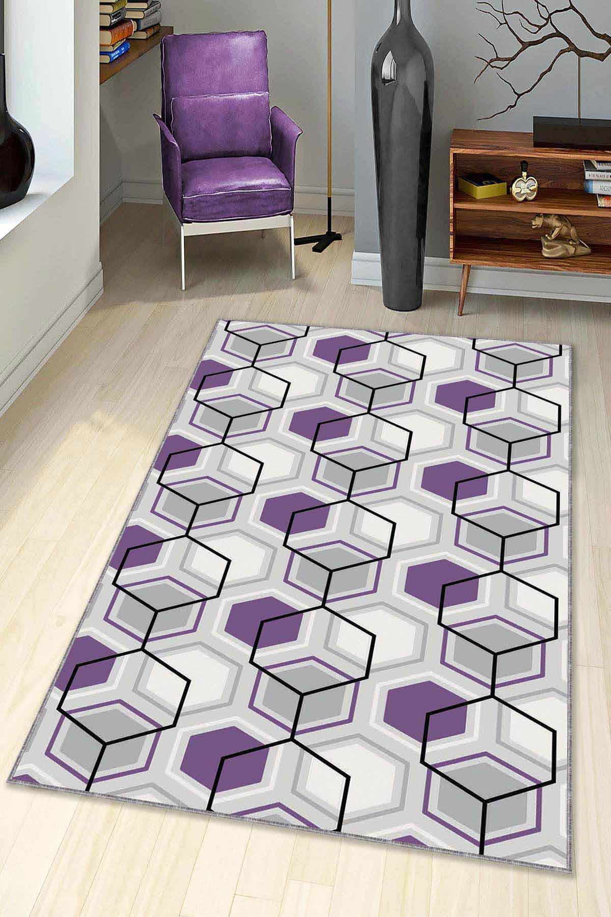 Viva Home BE05 Mor 7 mm Mikropolyester Antibakteriyel Yıkanabilir İnce Kaymaz Dot Taban Dikdörtgen Makine Dokuma Salon Halısı 100x200 cm