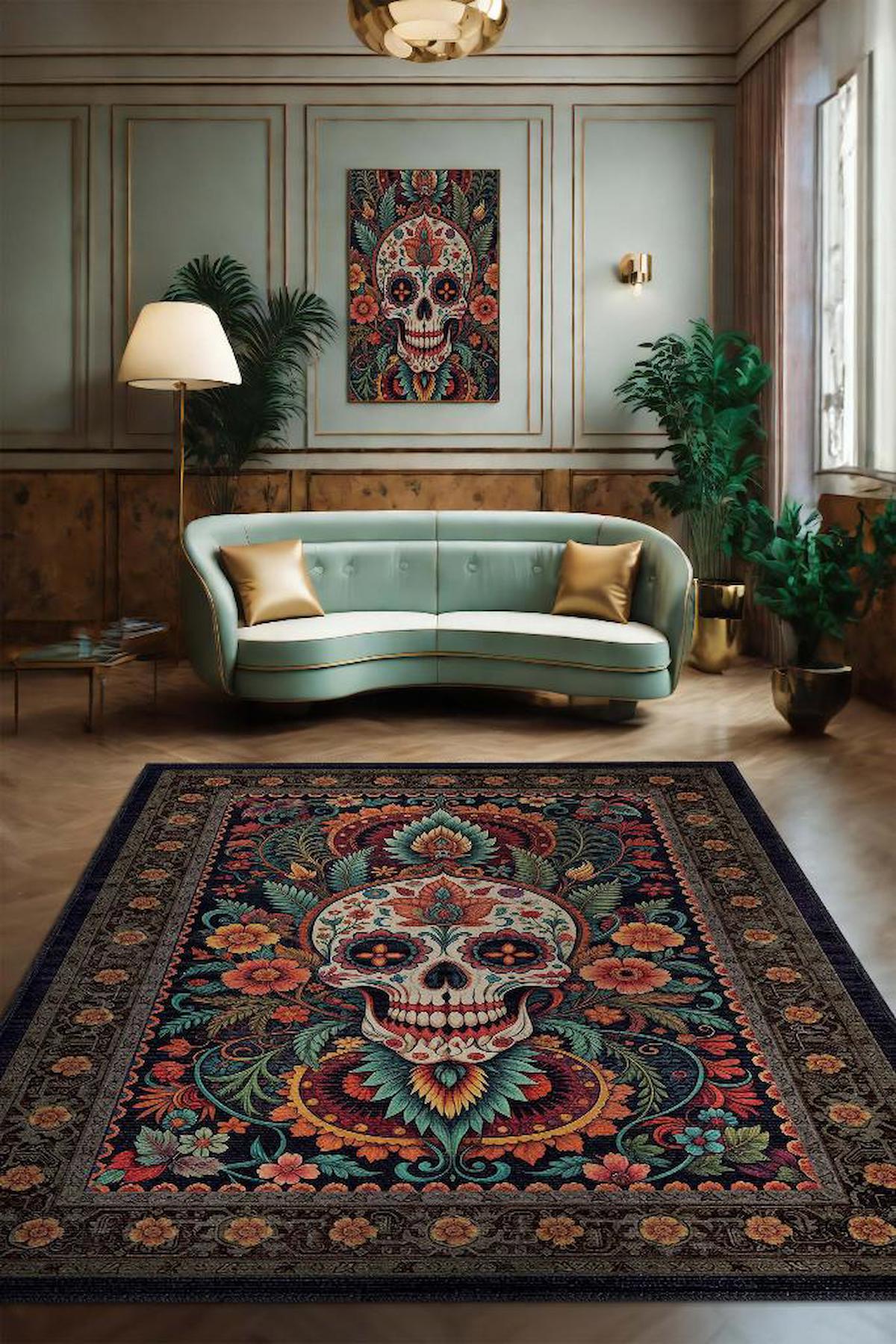 Homshtag Kuru Kafa Krem 4 mm Pamuk Antistatik Yıkanabilir İnce Kaymaz Gotik Temalı Dikdörtgen Makine Dokuma Salon Halısı 100x180 cm