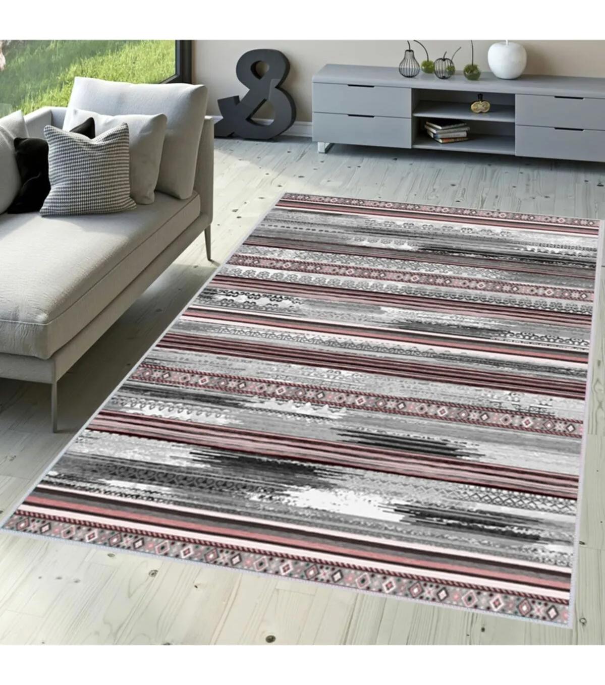 Rovigo Home RVG1632-SD240 Gri 8 mm Polyester Antibakteriyel-Leke Tutmaz-Toz Tutmaz Yıkanabilir İnce Kaymaz Dot Taban Dikdörtgen Makine Dokuma Salon Halısı 160x230 cm