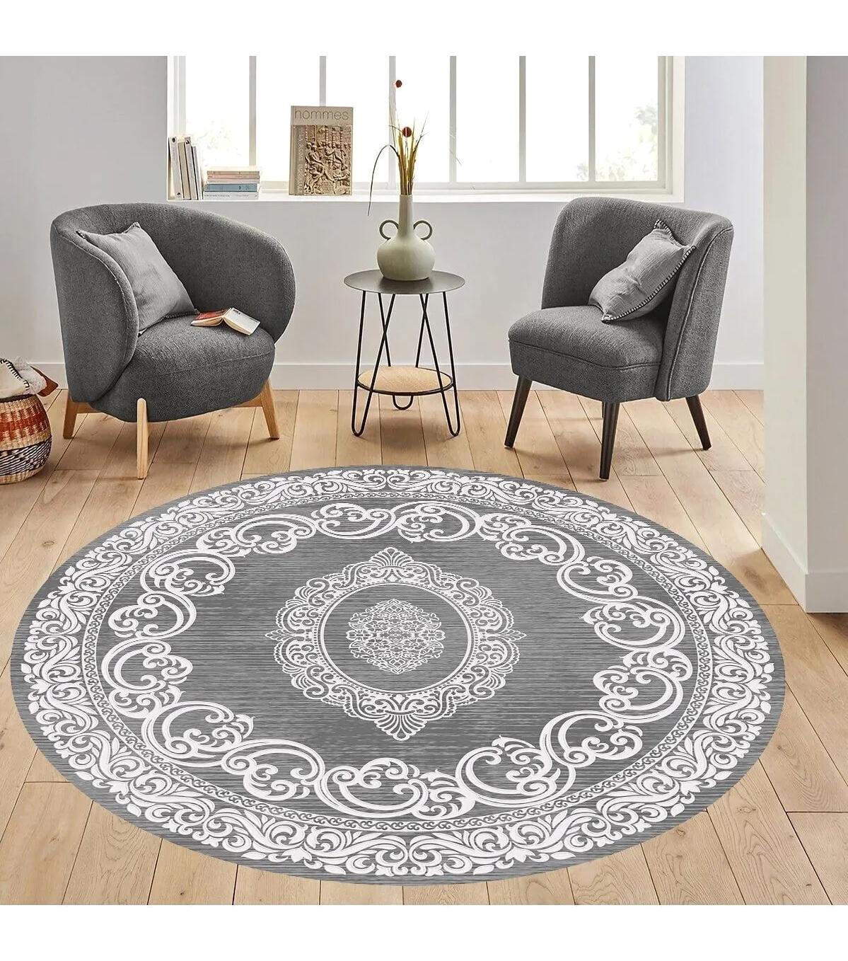 Rovigo Home RVG7326-HT1483 Gri 8 mm Polyester Antibakteriyel-Leke Tutmaz-Toz Tutmaz Yıkanabilir İnce Kaymaz Dot Taban Yuvarlak Makine Dokuma Salon Halısı 200x300 cm