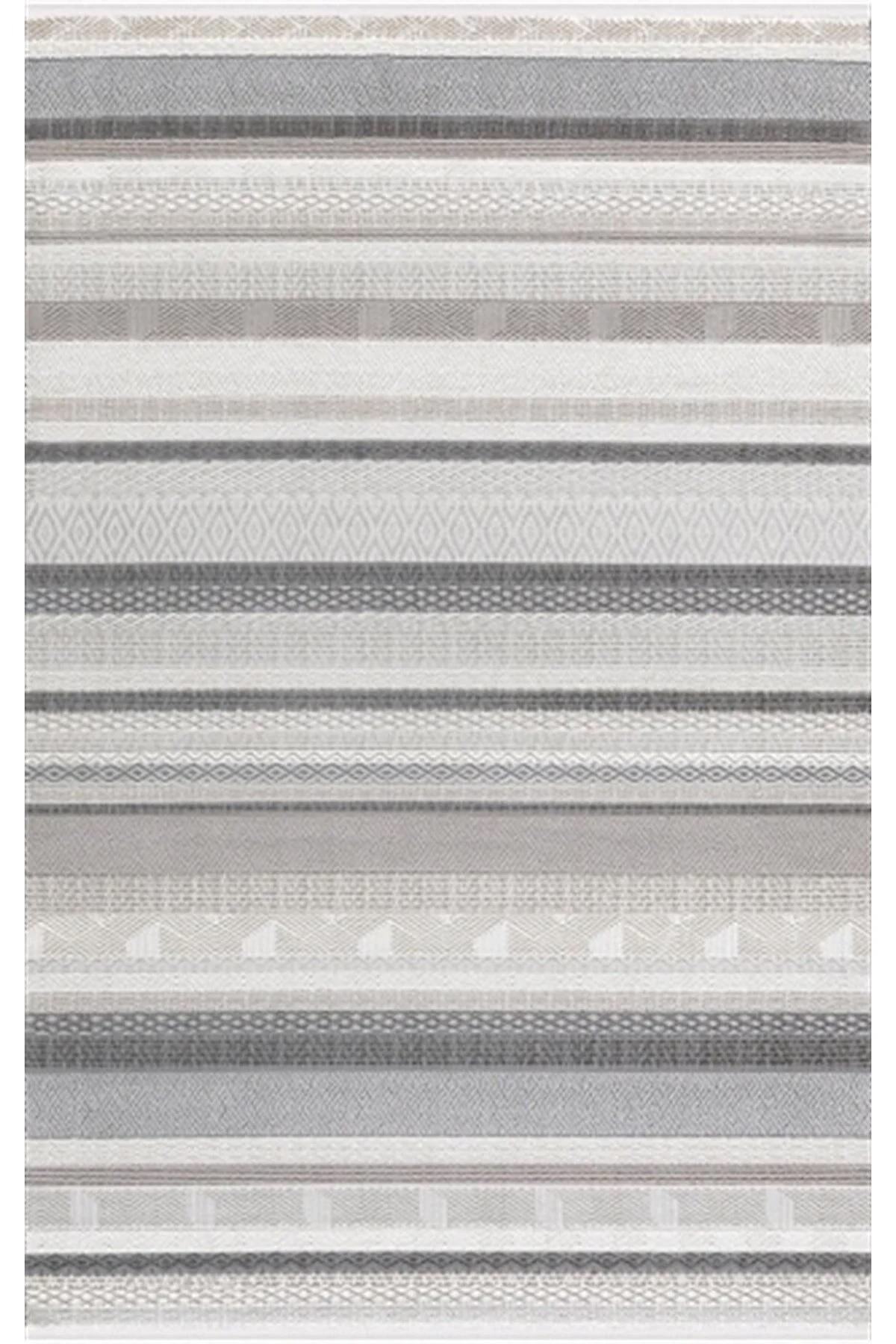 Merinos Recycle 38433 Gri 12 mm Pamuk Toz Tutmaz Yıkanabilir Kalın Kaymaz Pamuk Taban Dikdörtgen Makine Dokuma Salon Halısı 80x150 cm