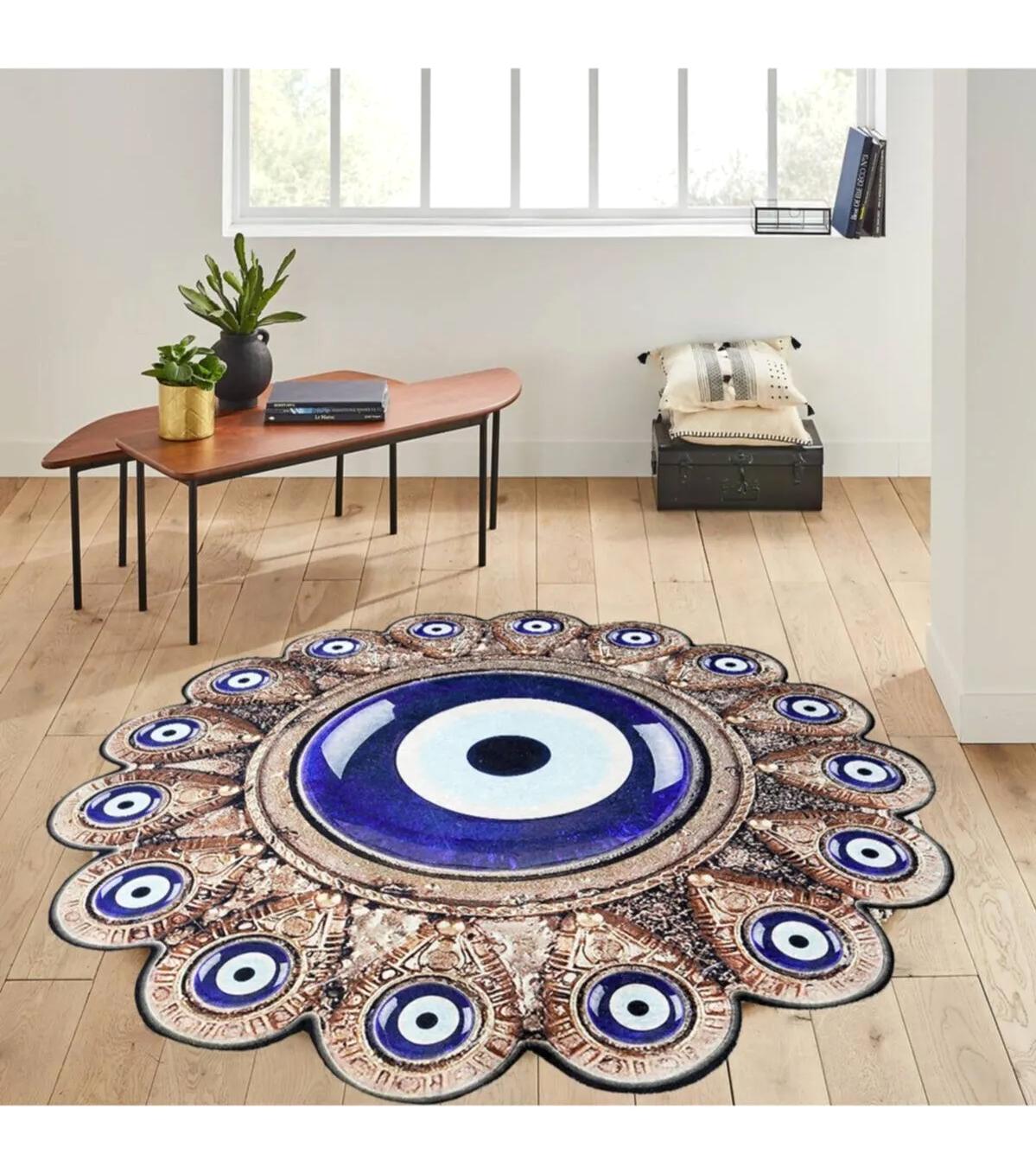 Rovigo Home RVG7024 Çok Renkli 8 mm Polyester Leke Tutmaz-Toz Tutmaz Yıkanabilir İnce Kaymaz Dot Taban Yuvarlak Makine Dokuma Salon Halısı 100x150 cm