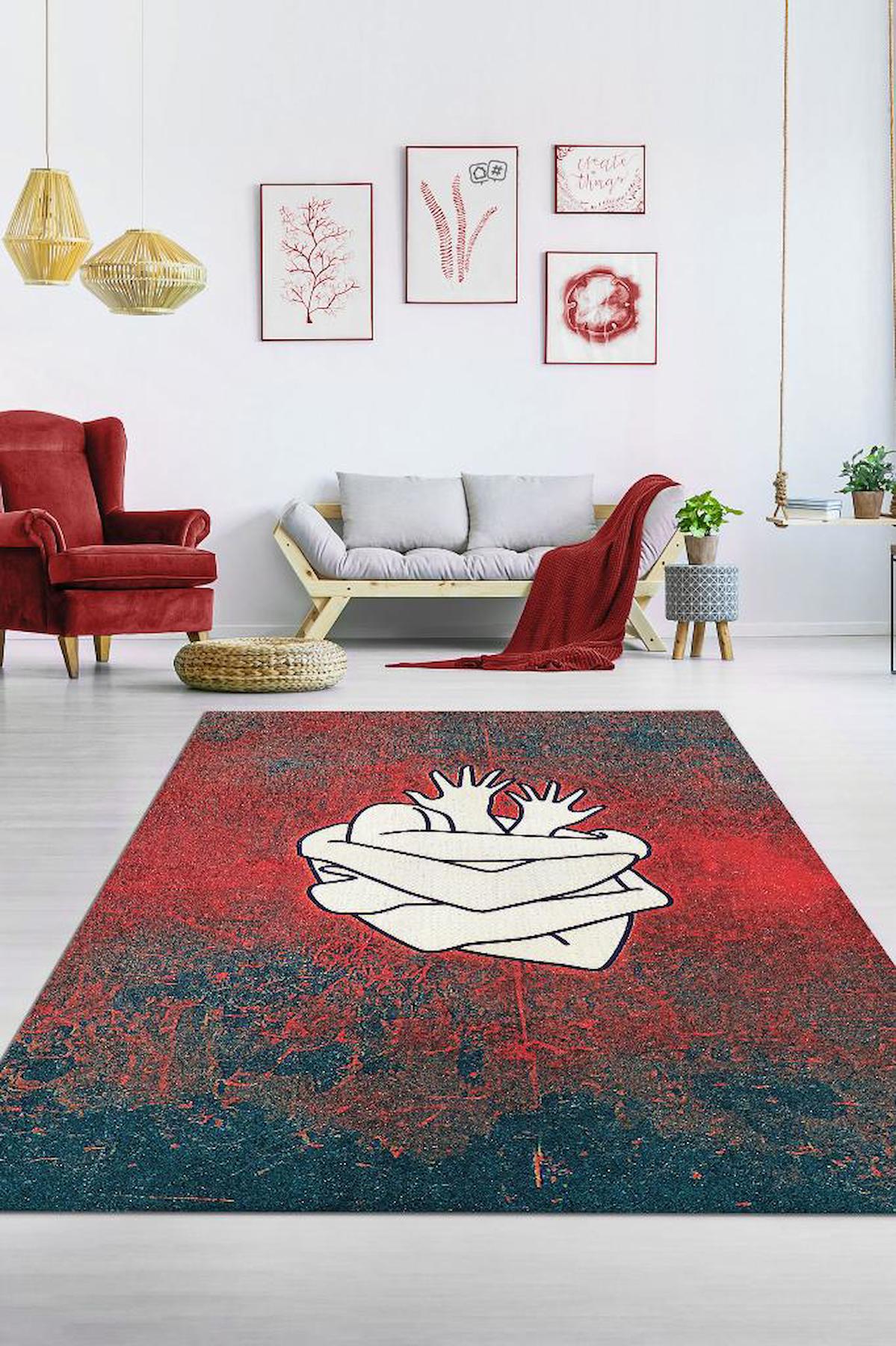 Homshtag Sarılan Kalpler Çok Renkli 4 mm Pamuk Antistatik Yıkanabilir İnce Kaymaz Dikdörtgen Makine Dokuma Salon Halısı 200x300 cm