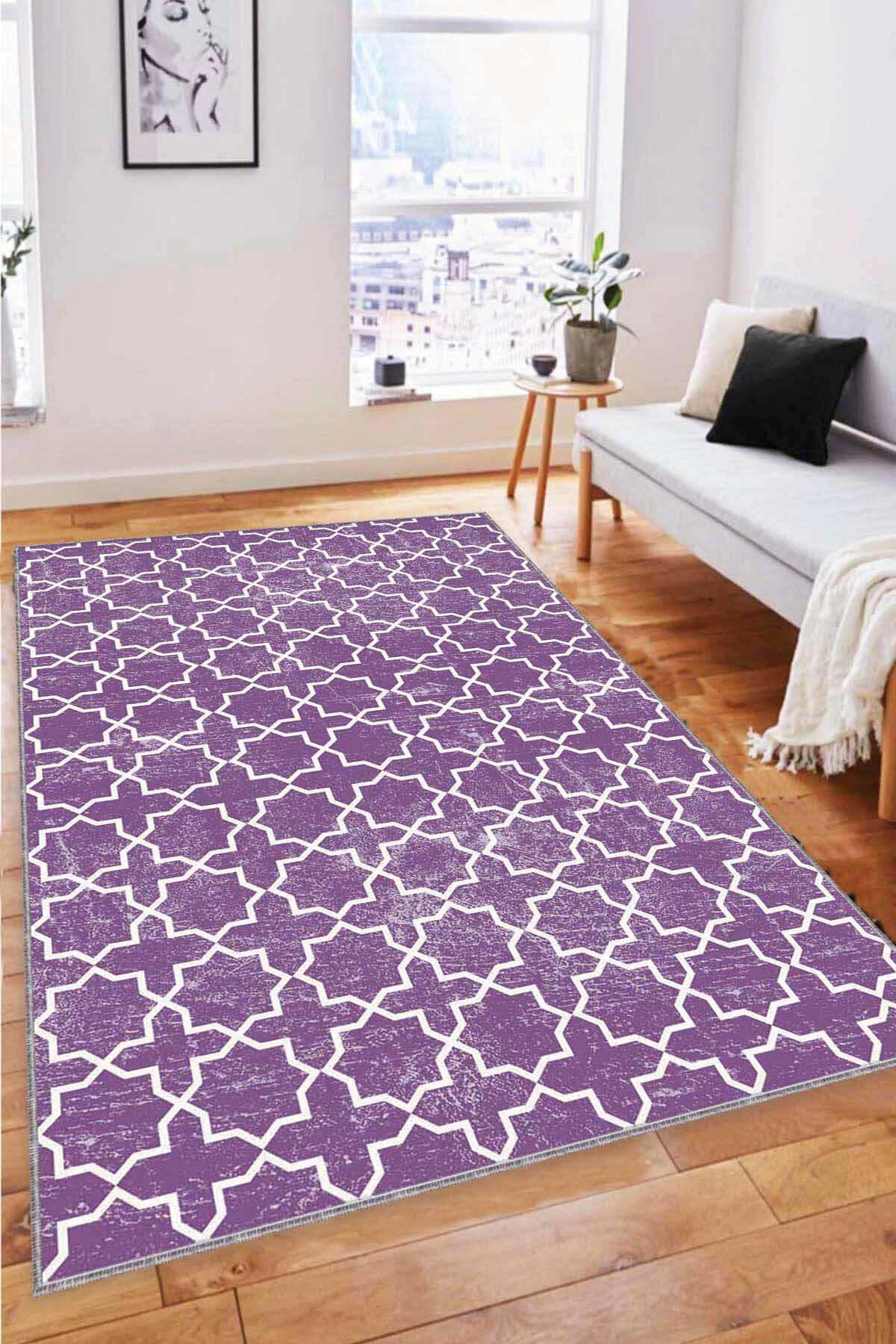 Viva Home MO05 Mor 7 mm Mikropolyester Antibakteriyel Yıkanabilir İnce Kaymaz Dot Taban Dikdörtgen Makine Dokuma Salon Halısı 120x200 cm