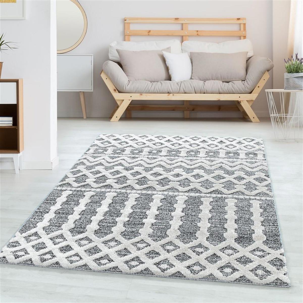 Carpettex Gri-Krem 12 mm Polipropilen Yumuşak Yıkanabilir İnce Kaymaz Taban Dikdörtgen Makine Dokuma Salon Halısı 80x300 cm