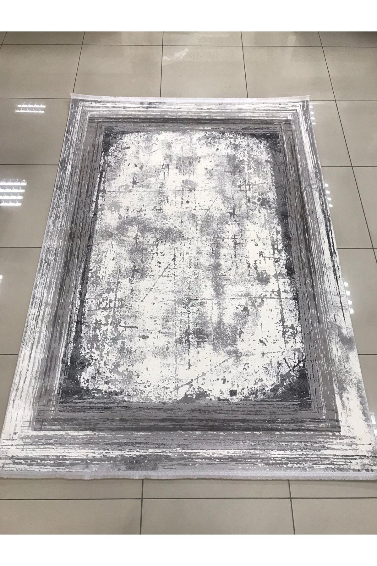 Merinos Therapy 34665 Gri-Siyah 10 mm Akrilik Yumuşak Yıkanabilir Kalın Kaymaz Dot Taban Geometrik Dikdörtgen Makine Dokuma Salon Halısı 80x200 cm