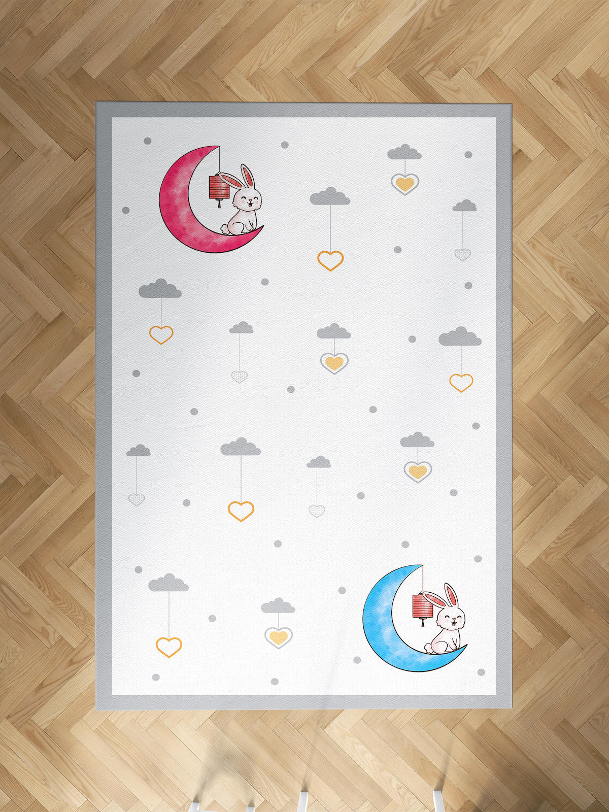 Mekta Home Ay-Tavşan Krem 10 mm Antibakteriyel Yıkanabilir İnce Kaymaz Dot Taban Dikdörtgen Makine Dokuma Çocuk Odası Halısı 120x600 cm