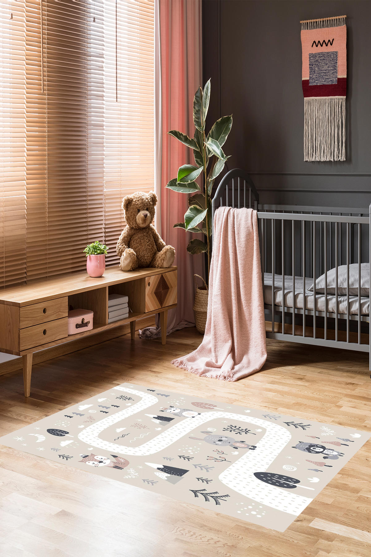 Homier Collection H-CK-10166A Kahverengi 7 mm Pamuk Antibakteriyel Yıkanabilir Orta Kaymaz Dot Taban Dikdörtgen Makine Dokuma Çocuk Odası Halısı 80x150 cm