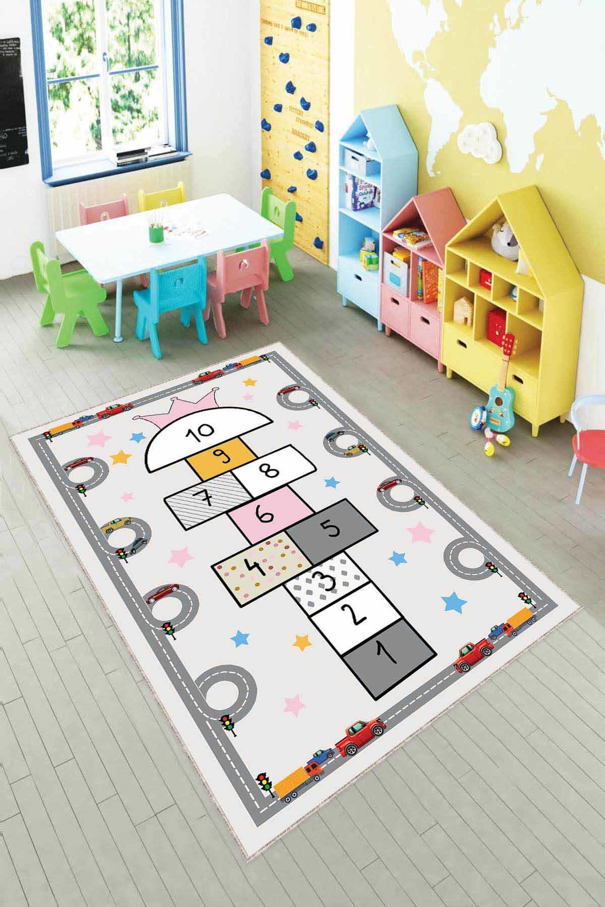 Viva Home AR1110 Krem 7 mm Mikropolyester Leke Tutmaz Yıkanabilir Orta Kaymaz Dot Taban Dikdörtgen Makine Dokuma Çocuk Odası Halısı 200x300 cm