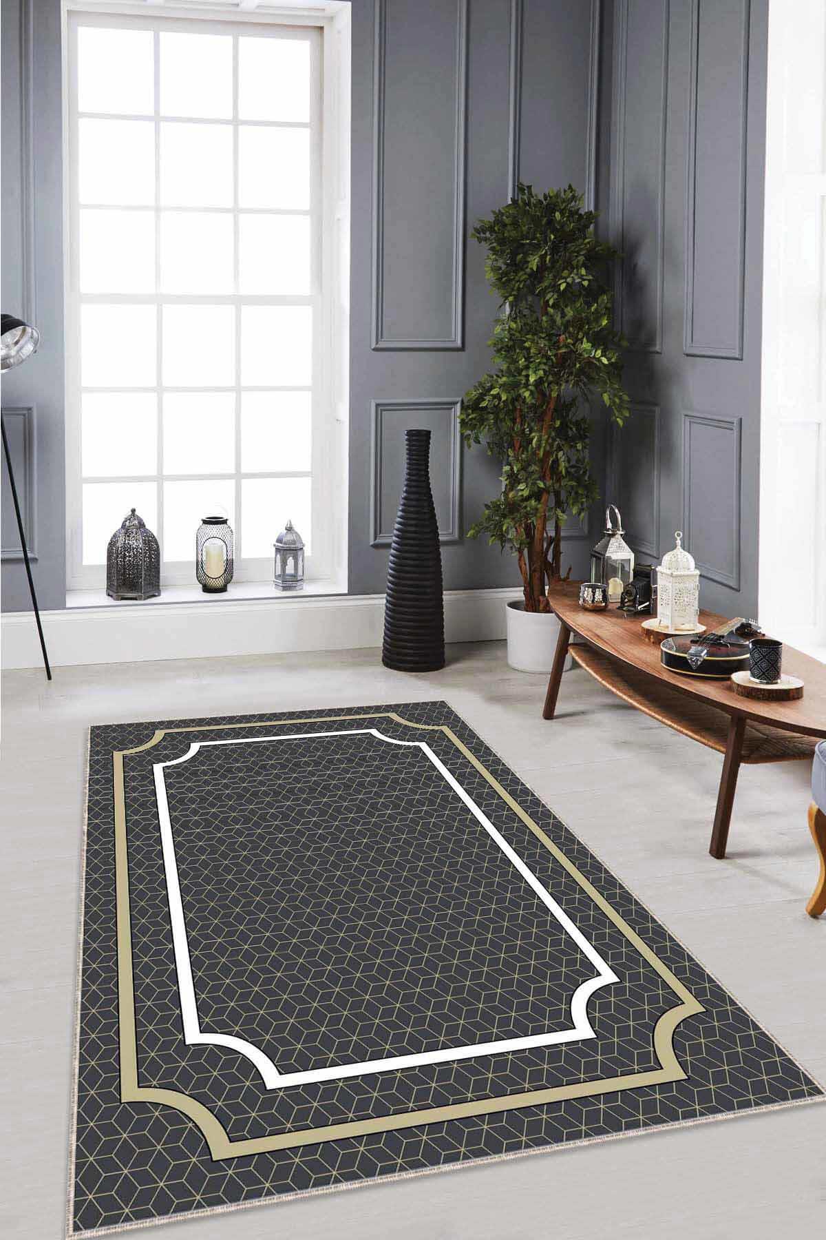 Viva Home RV063 Antrasit 7 mm Mikropolyester Yıkanabilir İnce Kaymaz Jüt Taban Dikdörtgen Makine Dokuma Salon Halısı 160x230 cm