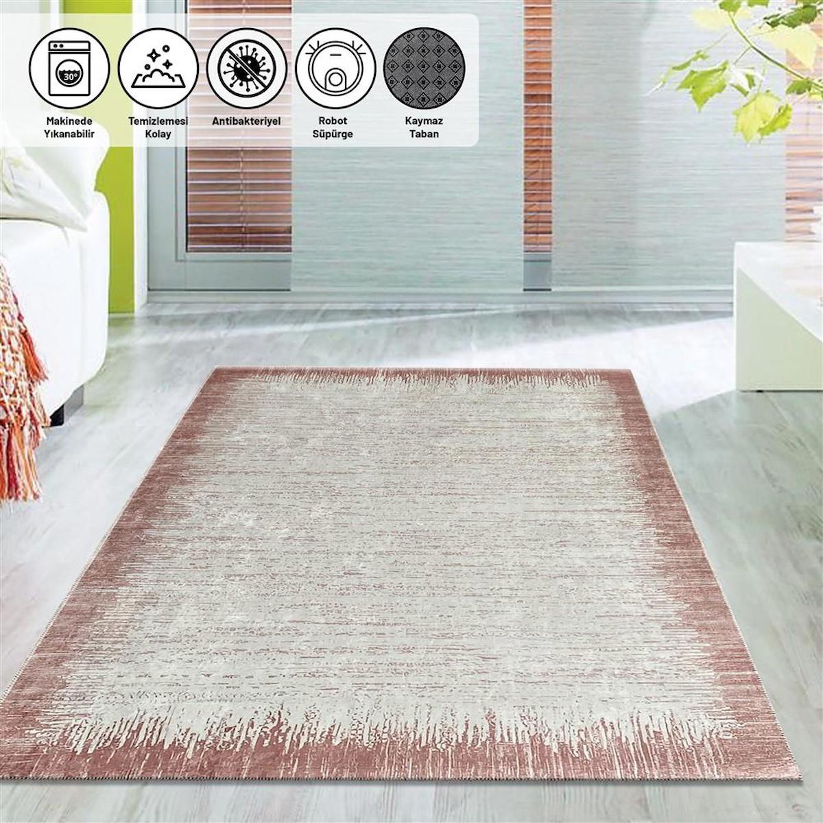 Carpettex Gül Kurusu 6 mm Polyester Hipoalerjenik Yıkanabilir İnce Kaymaz Dot Taban Dikdörtgen Makine Dokuma Salon Halısı 100x250 cm