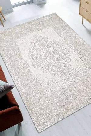 Royal Halı Voila ZQ01D Krem 7 mm Pamuk Antibakteriyel Yıkanabilir Kalın Kaymaz Lateks Taban Dikdörtgen Makine Dokuma Salon Halısı 100x150 cm