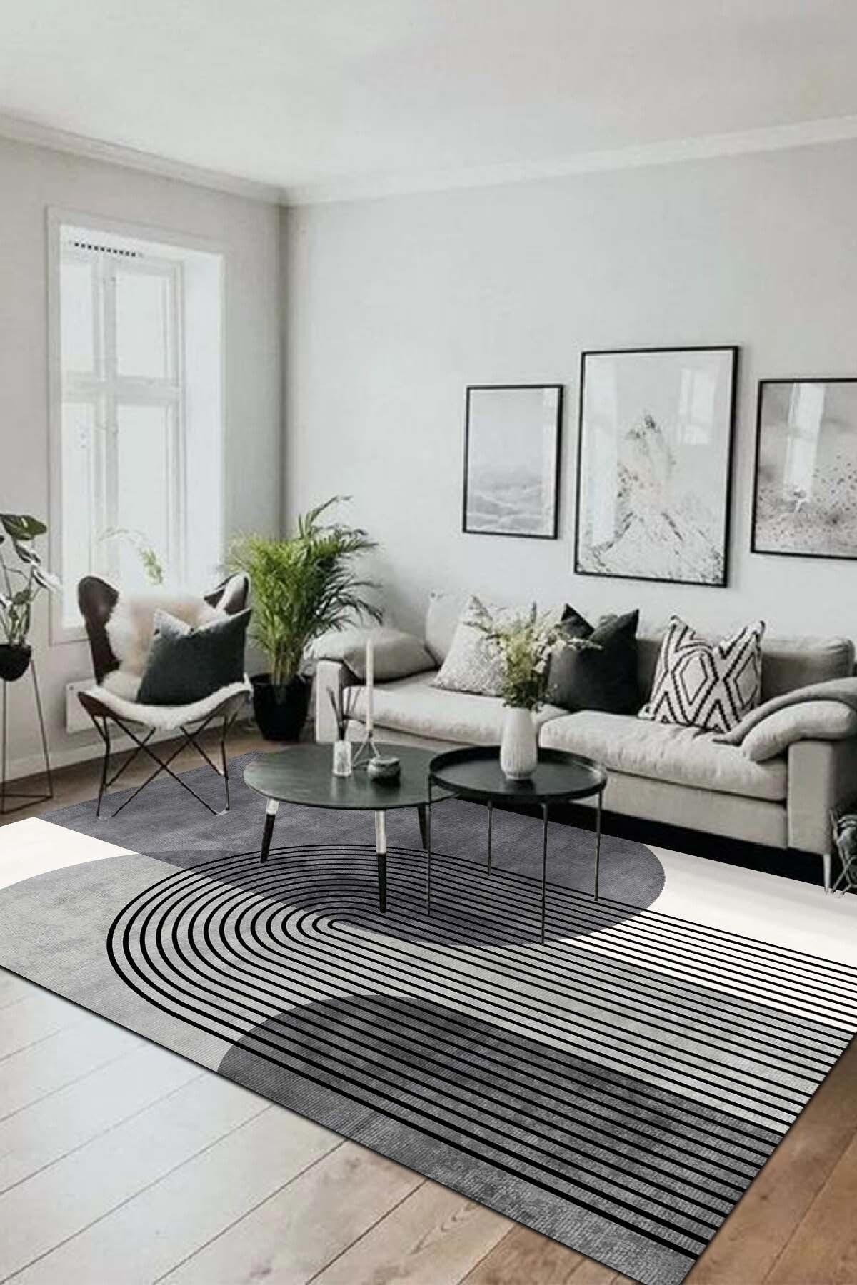 Latte Dizayn Sare Gri 0.5 mm Pamuk Antibakteriyel Yıkanabilir Kalın Kaymaz Lateks Taban Dikdörtgen Makine Dokuma Salon Halısı 100x150 cm