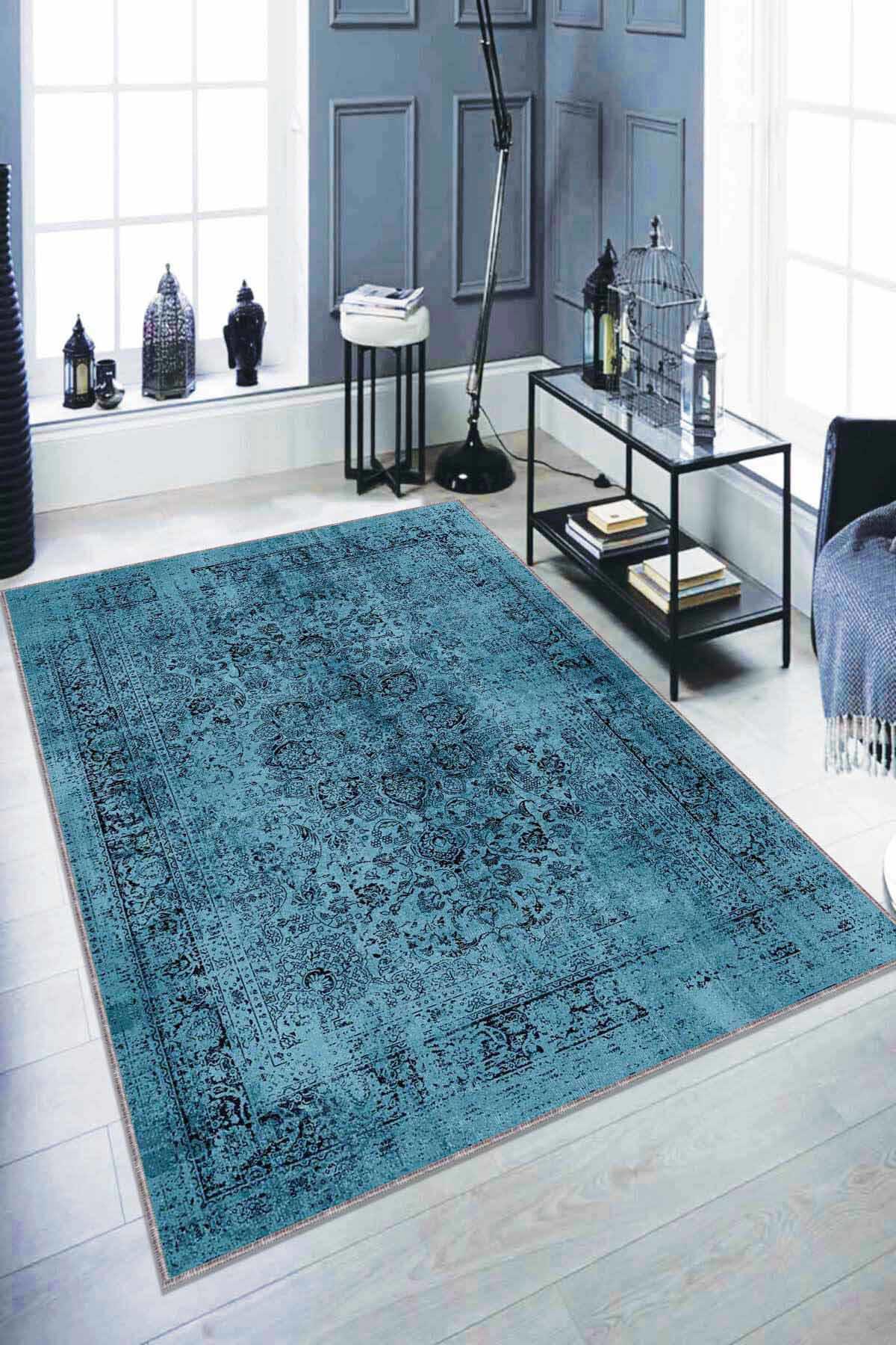 Viva Home RV279 Mavi 7 mm Mikropolyester Antialerjenik Yıkanabilir İnce Kaymaz Dikdörtgen Makine Dokuma Salon Halısı 120x200 cm