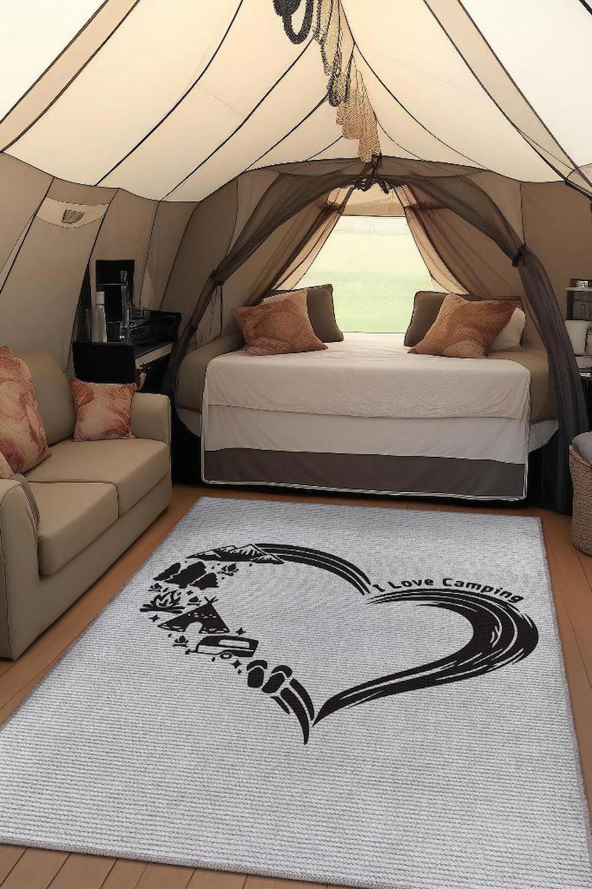 Homshtag I Love Camping Çok Renkli 4 mm Pamuk Antistatik Yıkanabilir İnce Kaymaz Dikdörtgen Makine Dokuma Çadır-Karavan Halısı 120x120 cm