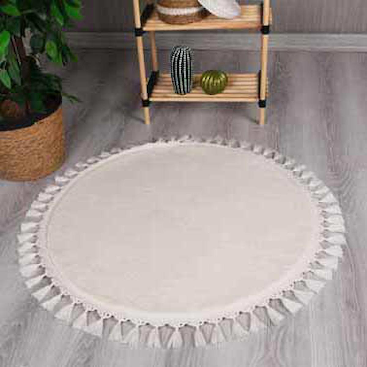 My Evilla Krem 10 mm Polyester Antibakteriyel Yıkanabilir İnce Kaymaz Dot Taban Yuvarlak Makine Dokuma Salon Halısı 80x500 cm
