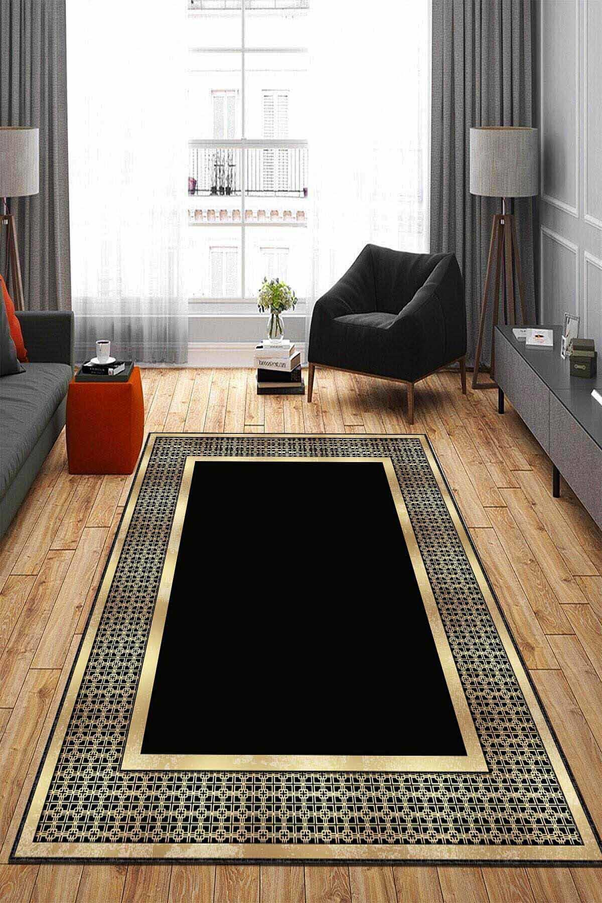 Viva Home AR726 Altın-Siyah 7 mm Mikropolyester Antibakteriyel Yıkanabilir Kalın Kaymaz Lateks Taban Dikdörtgen Makine Dokuma Salon Halısı 160x230 cm