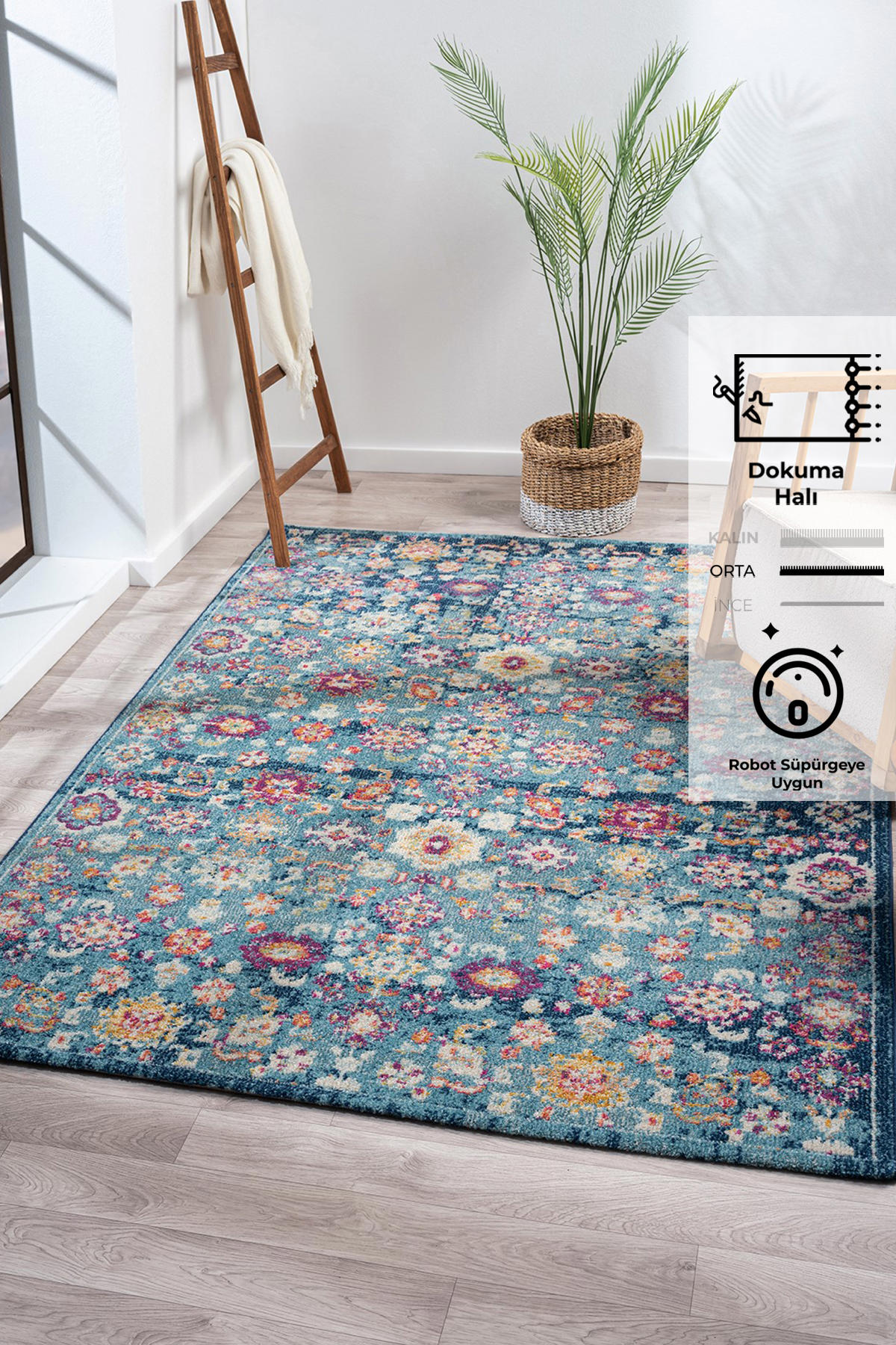 Konfor Halı Vintage 7654 Mavi 7 mm Polipropilen Yıkanabilir Dikdörtgen Makine Dokuma Salon Halısı 100x200 cm