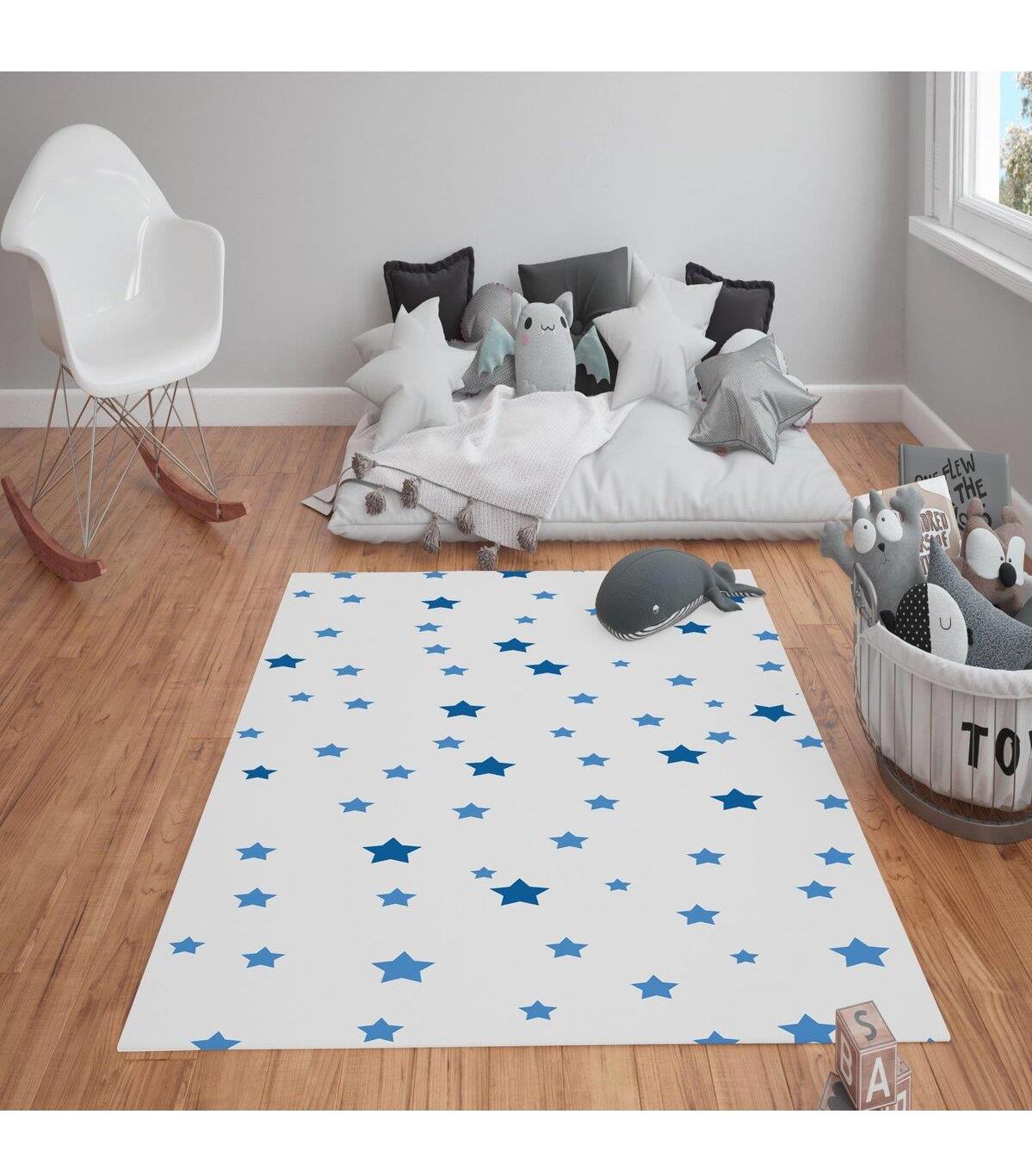Doruklar Home Collection Beyaz-Mavi 0.7 mm Polyester Antibakteriyel Yıkanabilir Kalın Kaymaz Taban Dikdörtgen Makine Dokuma Çocuk Odası Halısı 100x150 cm