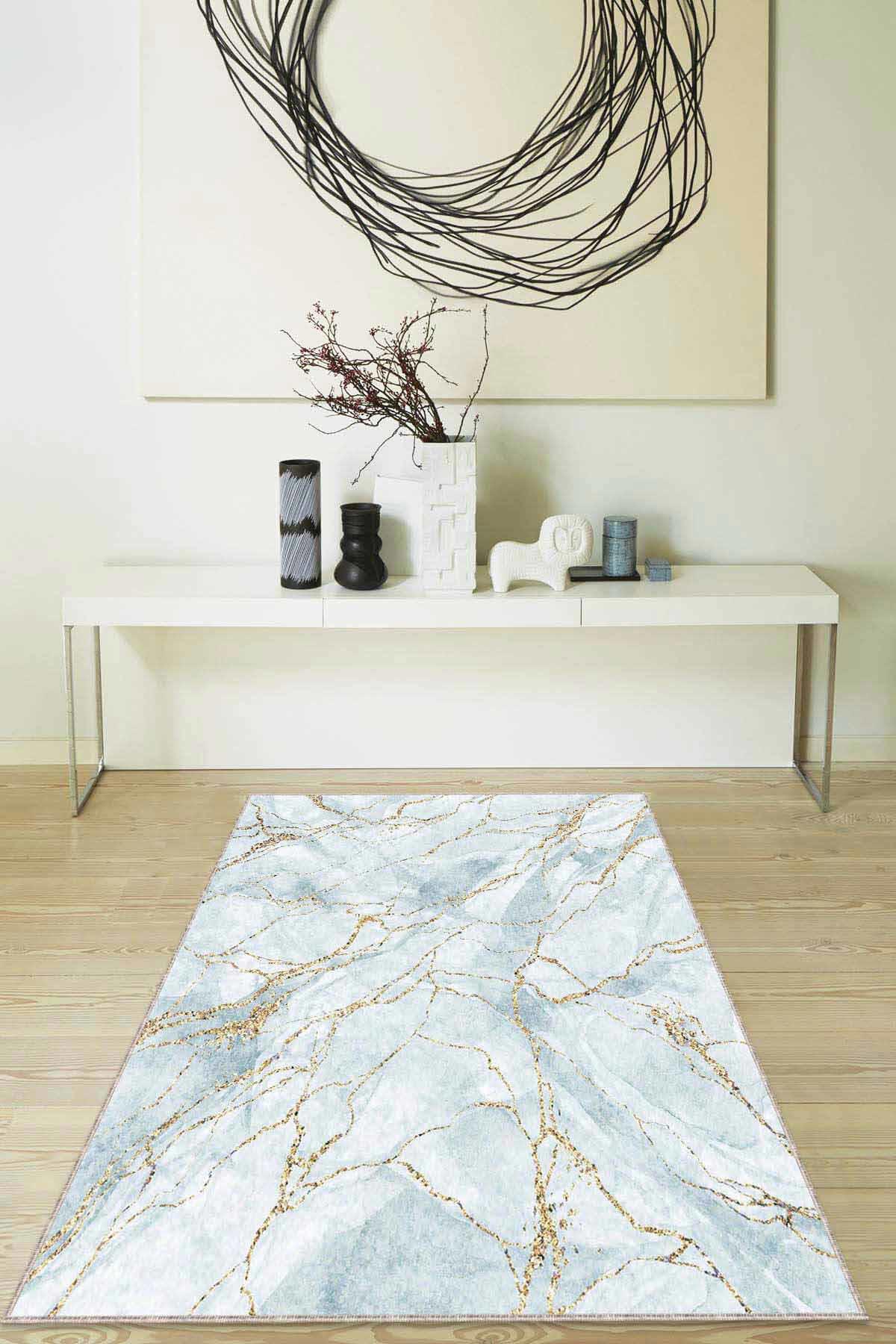 Viva Home RV129 Mavi 7 mm Mikropolyester Leke Tutmaz-Toz Tutmaz Yıkanabilir Orta Kaymaz Dot Taban Dikdörtgen Makine Dokuma Salon Halısı 120x180 cm