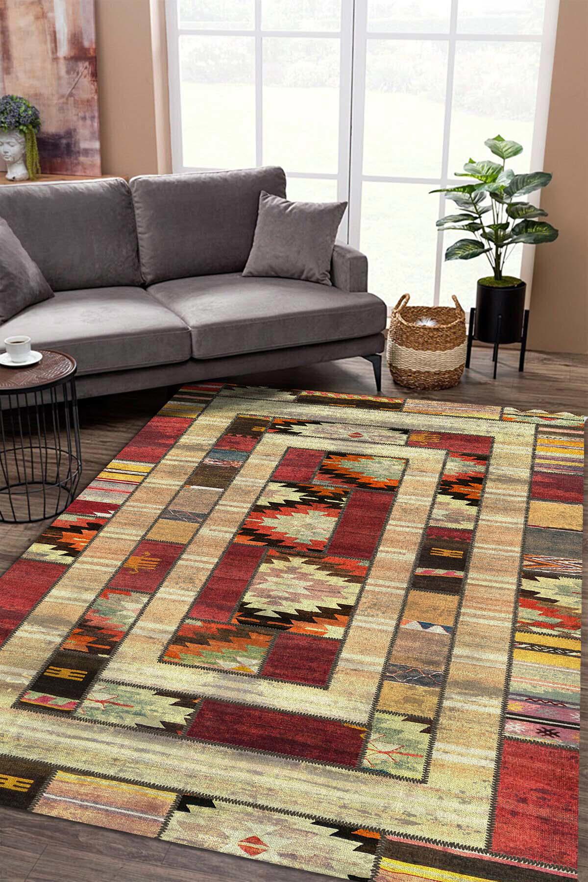 Latte Dizayn Comron Krem 0.5 mm Pamuk Antibakteriyel Yıkanabilir İnce Kaymaz Pamuk Taban Dikdörtgen Makine Dokuma Salon Halısı 100x100 cm