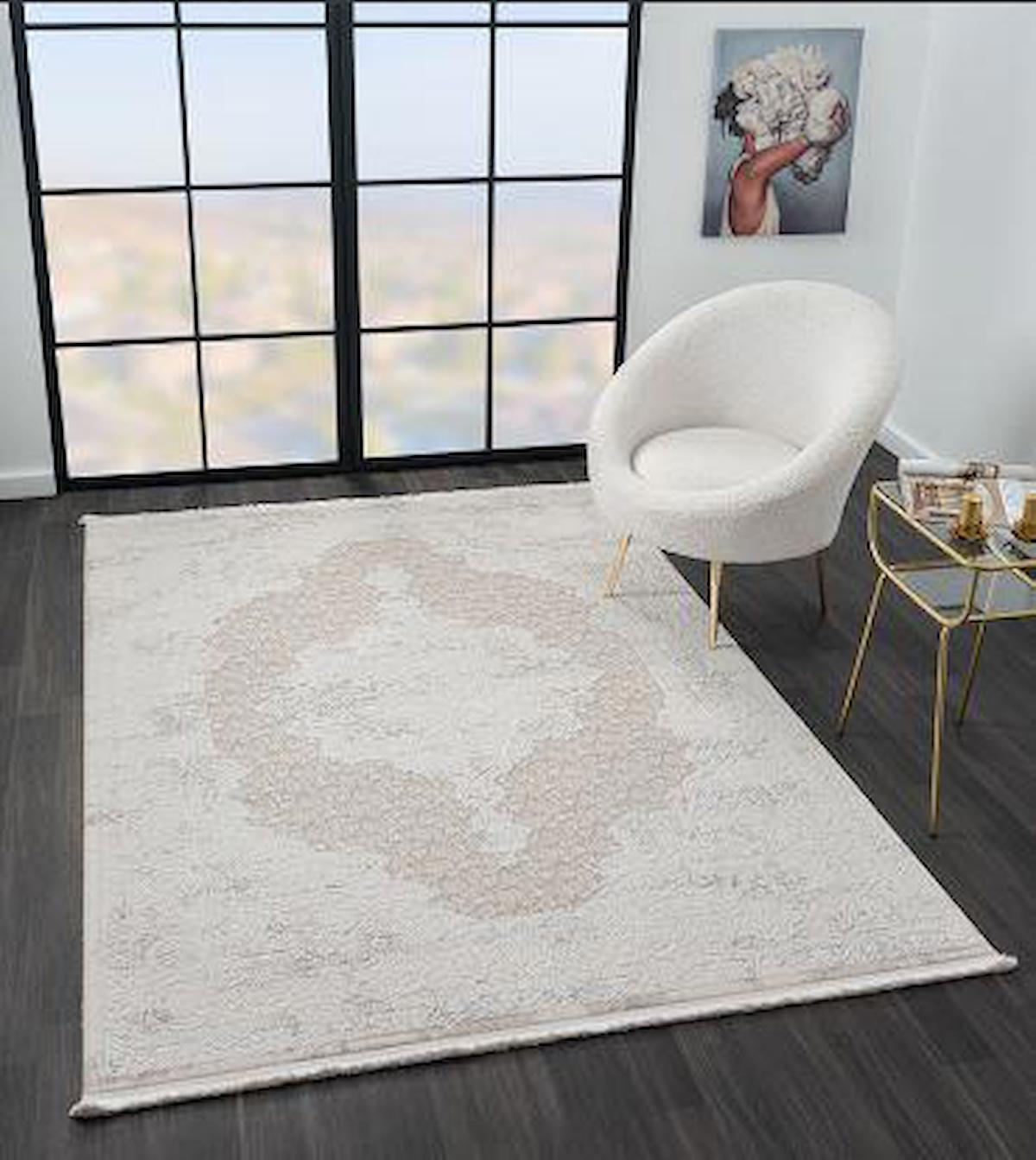 Çam Halı Mona VS013A Bej 11 mm Polyester Silinebilir Yıkanabilir Orta Dikdörtgen Makine Dokuma Salon Halısı 120x180 cm