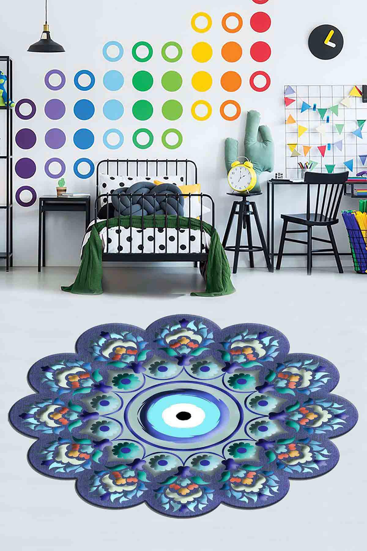 Homefesto Krem 5 mm Polyester Leke Tutmaz Yıkanabilir İnce Kaymaz Taban Geometrik Yuvarlak Makine Dokuma Genç Odası Halısı 100x200 cm