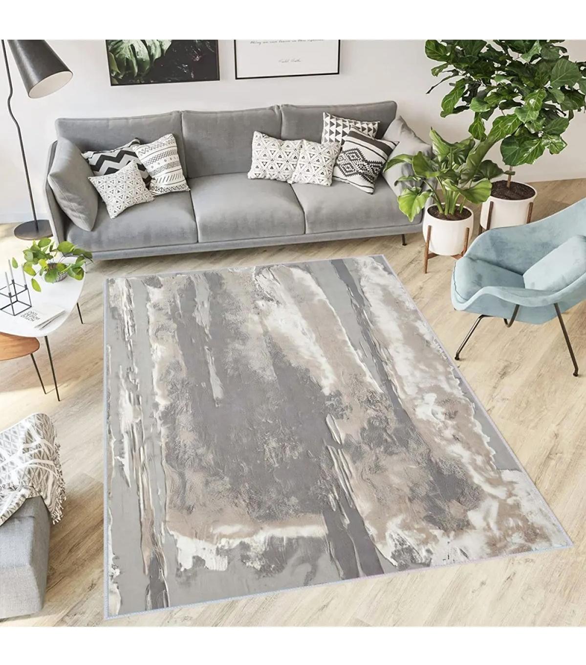Rovigo Home RVG0396 Gri 8 mm Polyester Antibakteriyel-Leke Tutmaz-Toz Tutmaz Yıkanabilir İnce Kaymaz Dot Taban Dikdörtgen Makine Dokuma Salon Halısı 80x120 cm