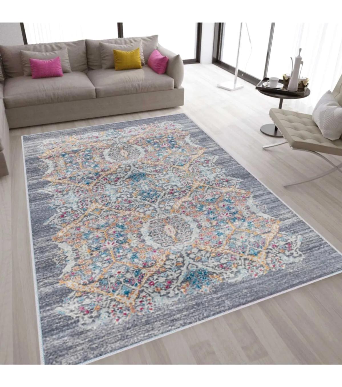 Rovigo Home RVG1578-HT754 Gri 8 mm Polyester Antibakteriyel-Leke Tutmaz-Toz Tutmaz Yıkanabilir İnce Kaymaz Dot Taban Dikdörtgen Makine Dokuma Salon Halısı 120x250 cm