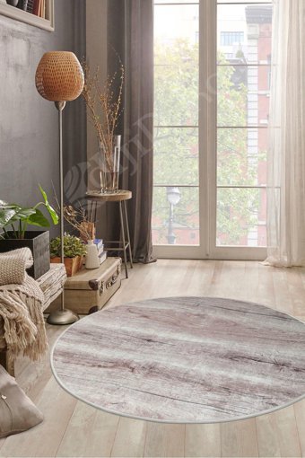 Dijidekor KY7055 Vizon 7 mm Polyester Yıkanabilir Orta Kaymaz Dot Taban Yuvarlak Makine Dokuma Salon Halısı 180x180 cm