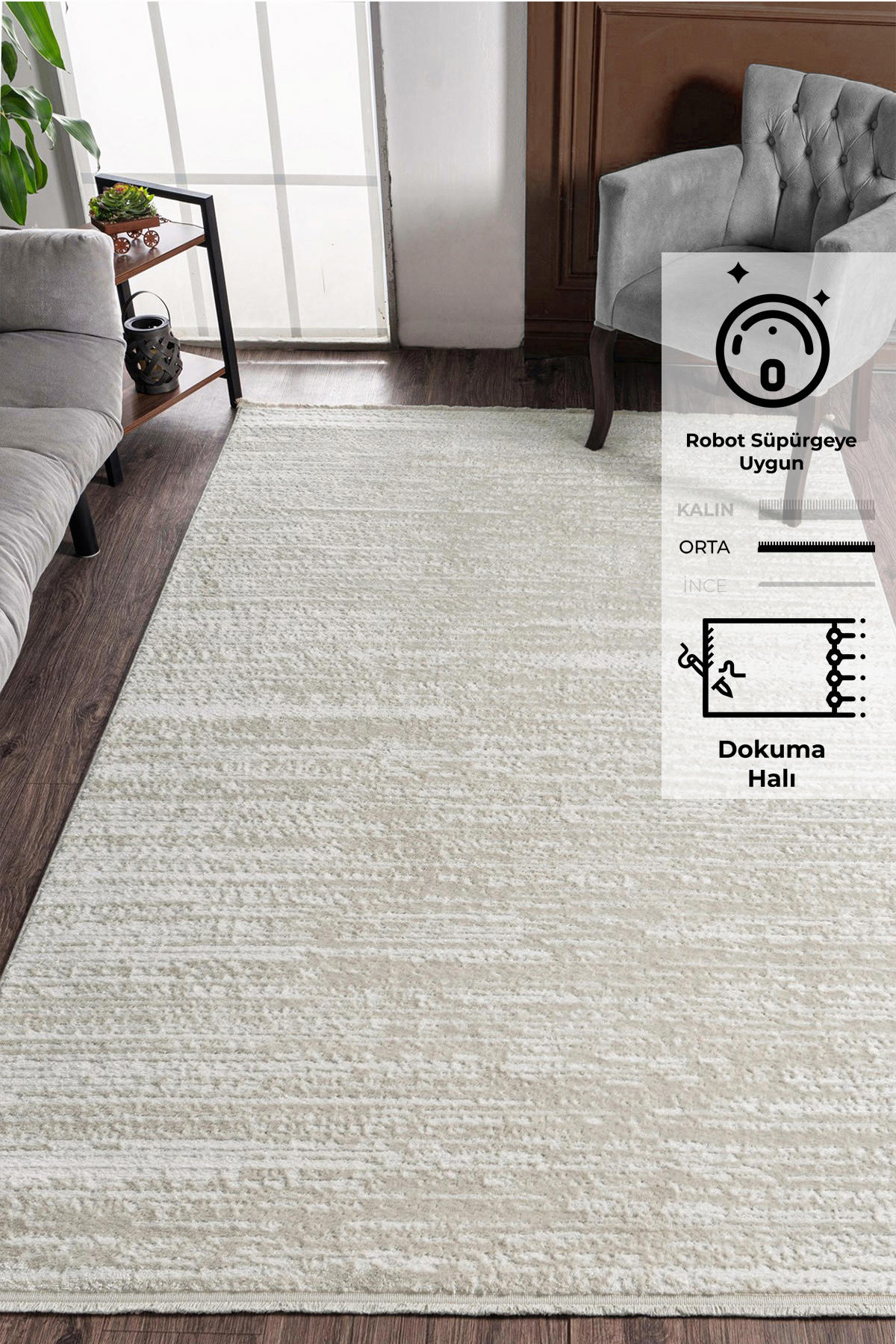 Konfor Halı Jasmine 1452 Krem 7 mm Polyester Yıkanabilir Dikdörtgen Makine Dokuma Halı 120x180 cm